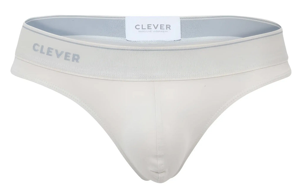 Cream-colored seamless briefs with soft elastic waistband featuring clever brand name in subtle gray lettering