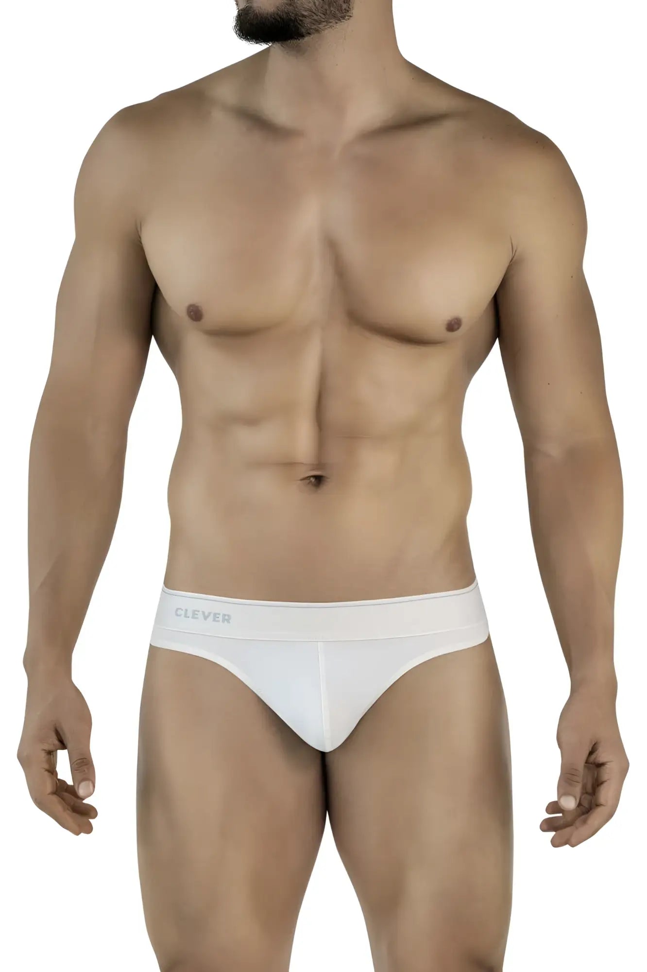 White cotton briefs with a subtle clever logo on the waistband in beige by clever 2044 mendoza thongs