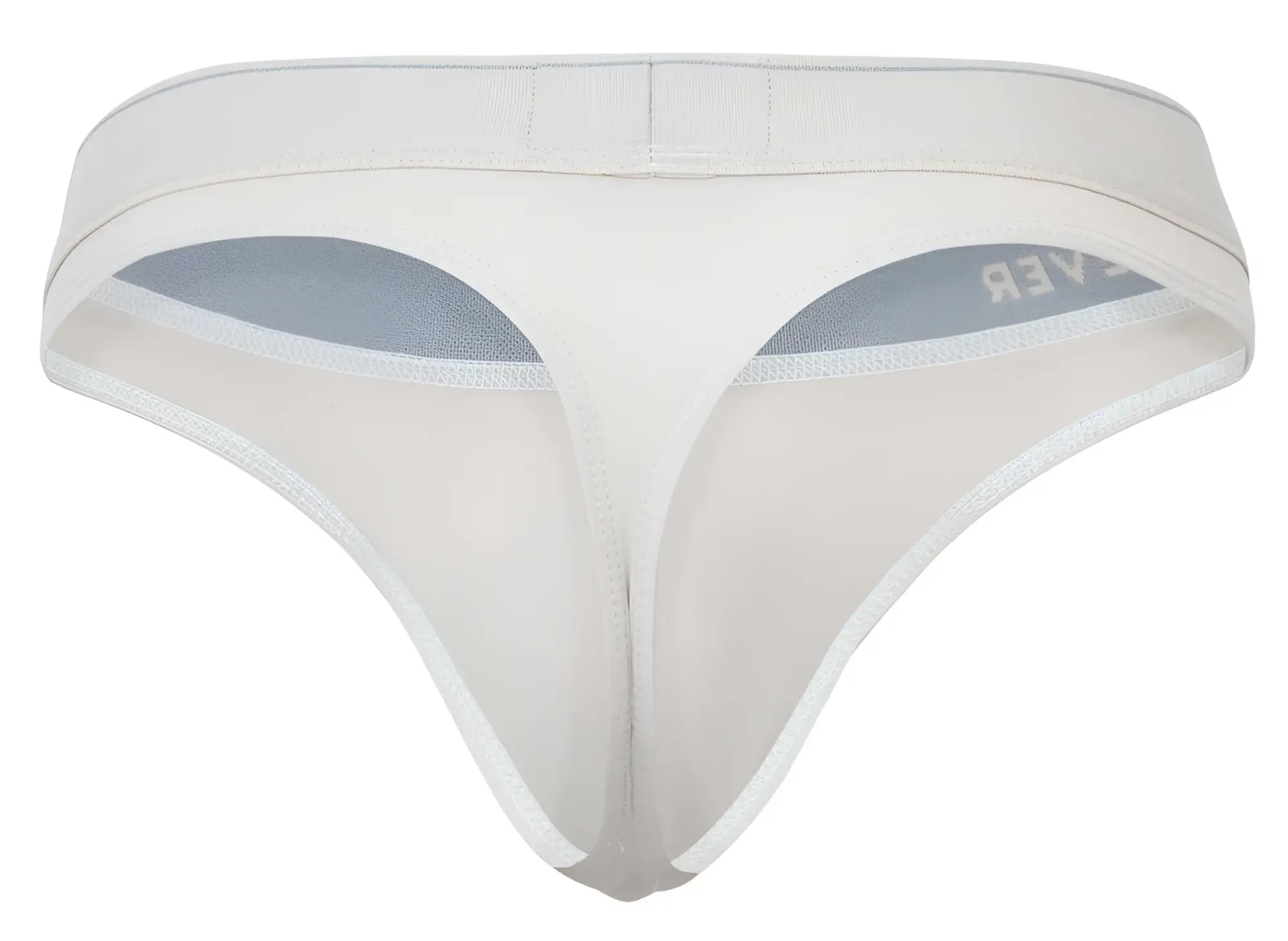 Beige clever 2044 Mendoza thong with white fabric gray inner lining and ever embroidered waistband visible from the back