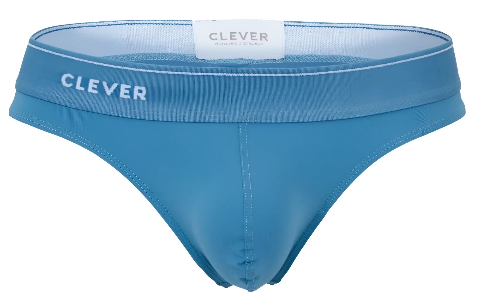 Blue clever 2044 Mendoza briefs with smooth stretchy fabric and white stitching on waistband visible from the front