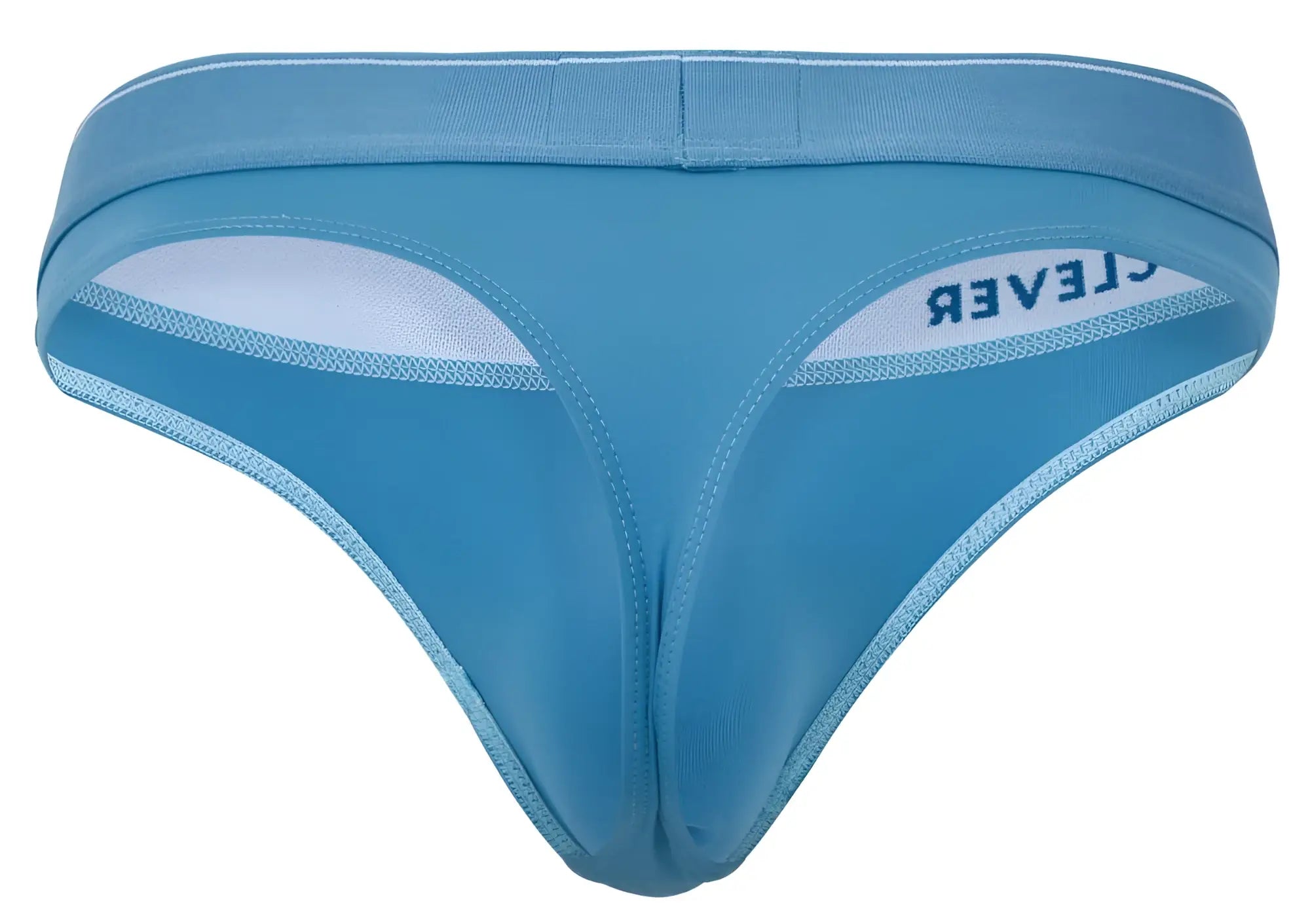 Light blue seamless thong with white trim and clever branding on waistband from clever 2044 Mendoza thongs series