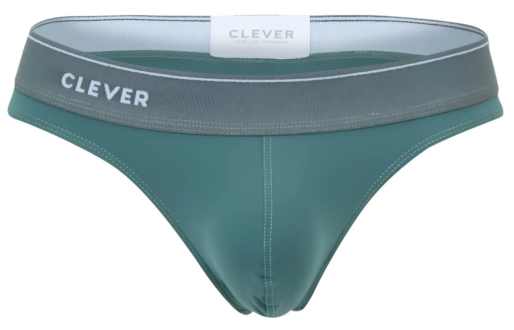 Teal seamless briefs with gray waistband featuring clever logo in white from clever 2044 mendoza thongs green collection