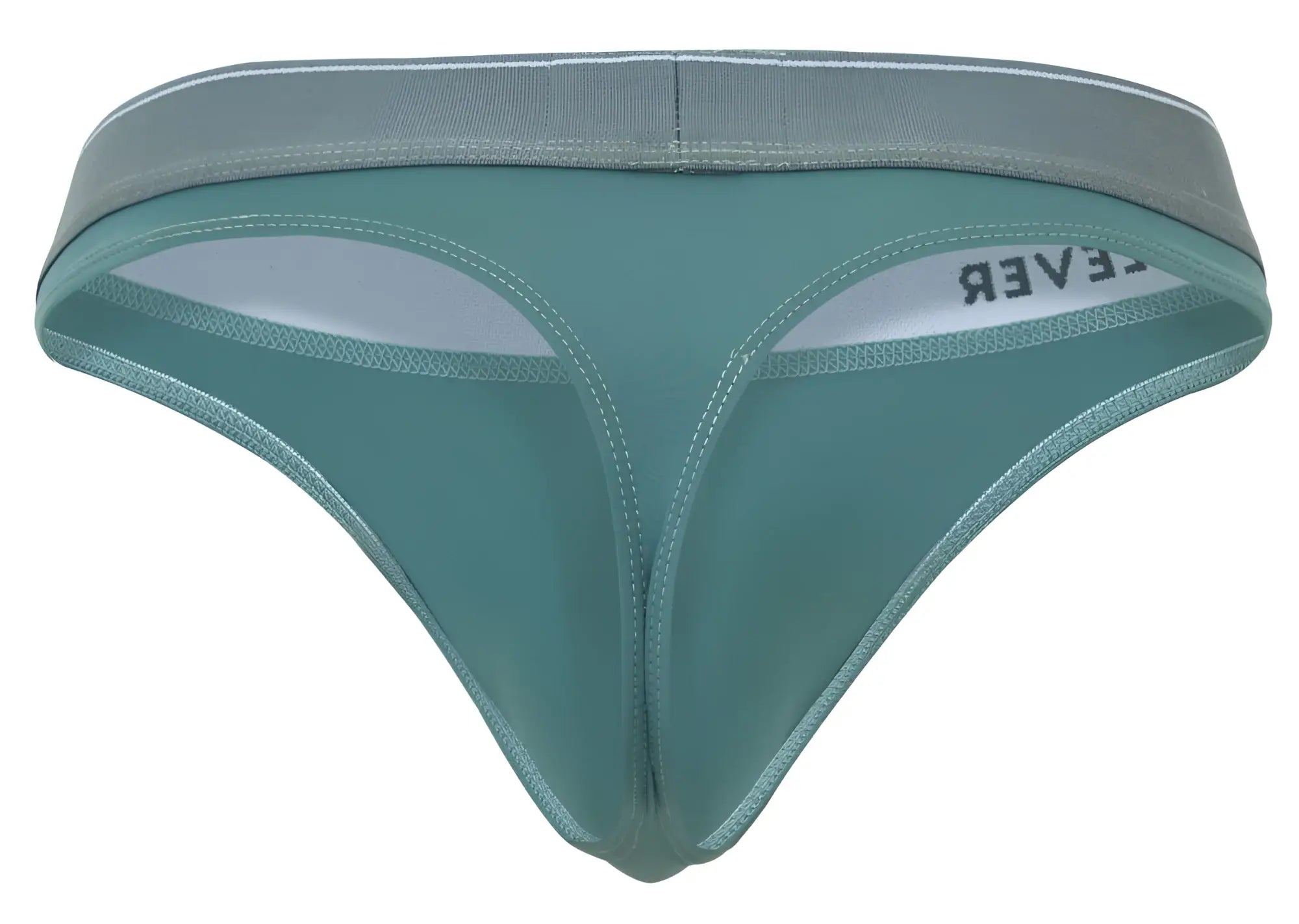 Teal clever 2044 mendoza thong with gray elastic waistband white inner lining and lever brand name on the side