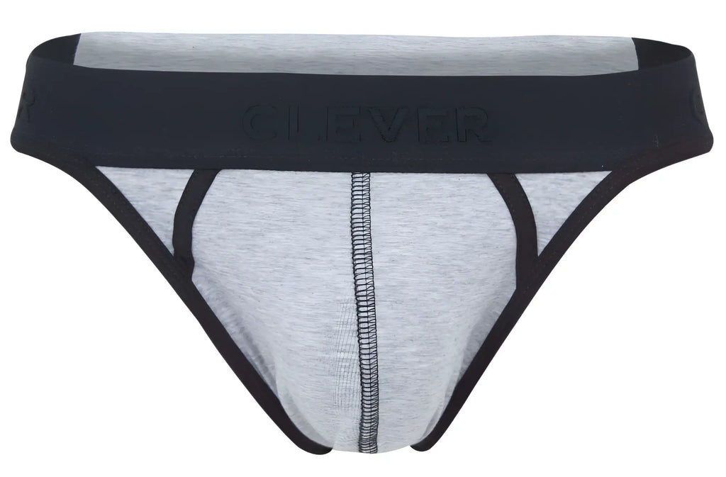 Gray heathered clever 2046 catamarca briefs with black trim and waistband featuring the clever brand name