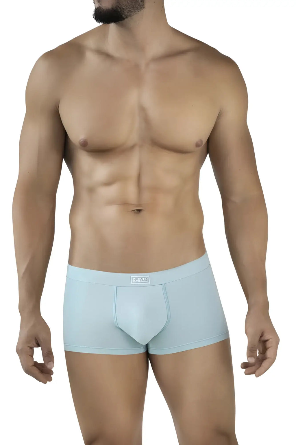 Light blue clever 2047 cordoba trunks with smooth form fitting design and subtle brand tag at waistband