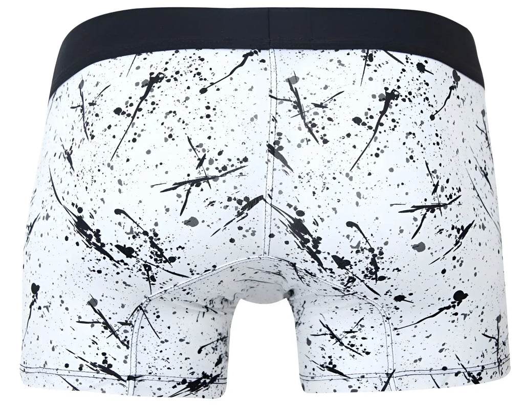 White boxer briefs with black paint splatter pattern and solid black waistband clever 2050 brochazos trunks