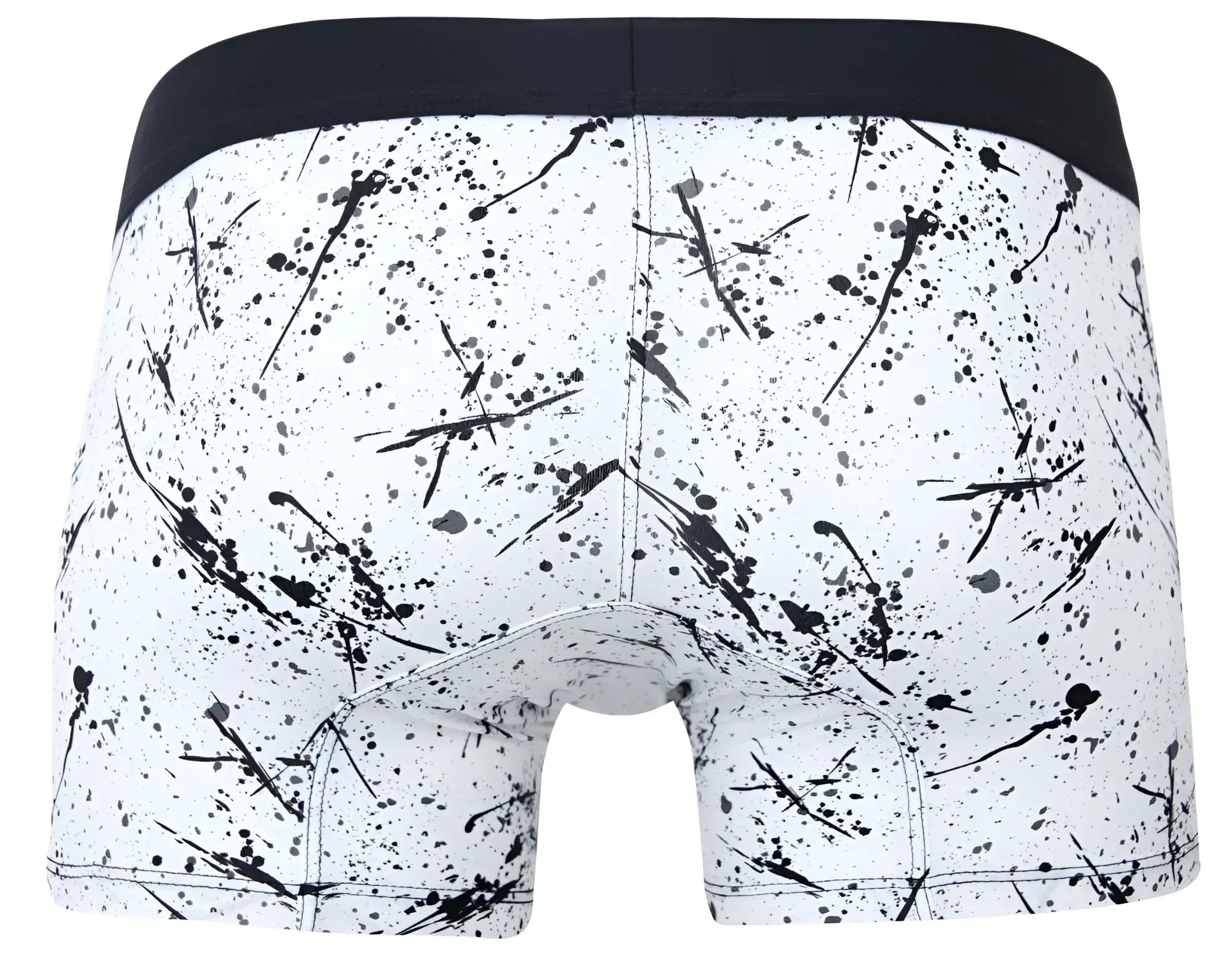 White boxer briefs with black paint splatter pattern and solid black waistband clever 2050 brochazos trunks