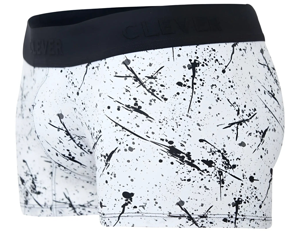 White boxer briefs with black paint splatter pattern and black waistband featuring clever branding in black color