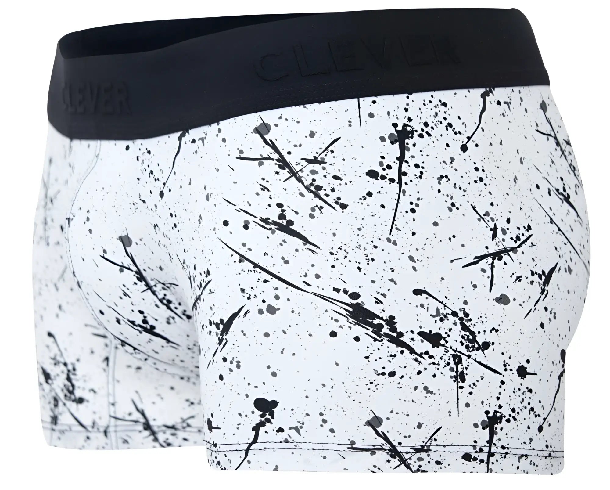White boxer briefs with black paint splatter pattern and black waistband featuring clever branding in black color