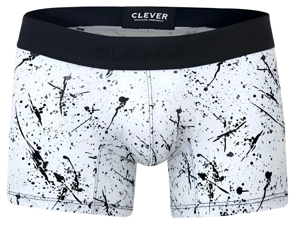 White boxer briefs with black splatter paint design and black waistband featuring clever brand label color black