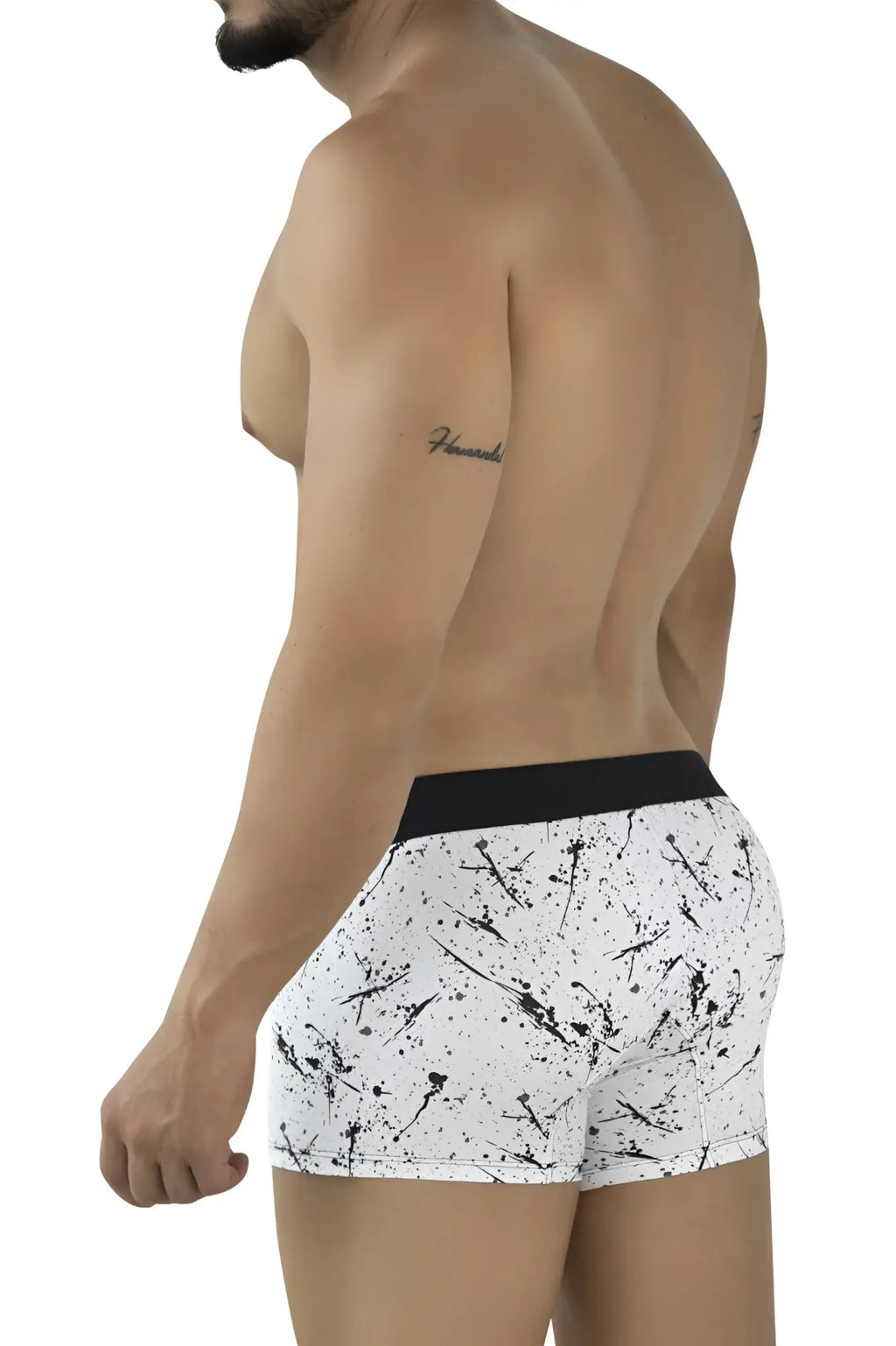 White boxer briefs with a black splatter paint design and black waistband clever 2050 brochazos trunks color black