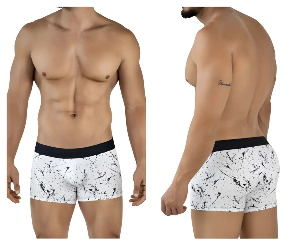White boxer briefs with black splatter pattern and solid black waistband from clever 2050 brochazos trunks color black
