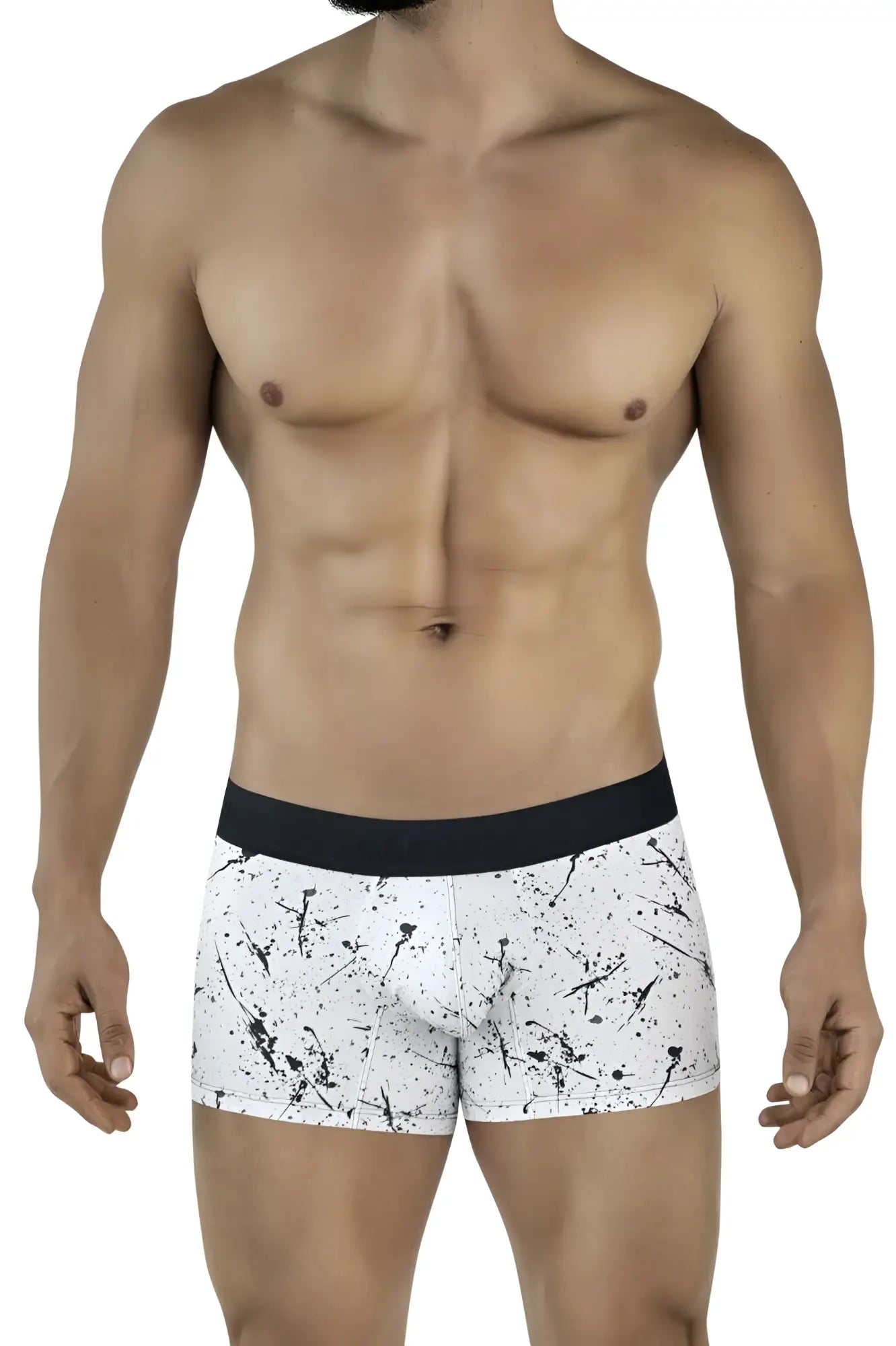 Clever 2050 brochazos trunks black boxer briefs with white fabric black splatter pattern and solid black waistband