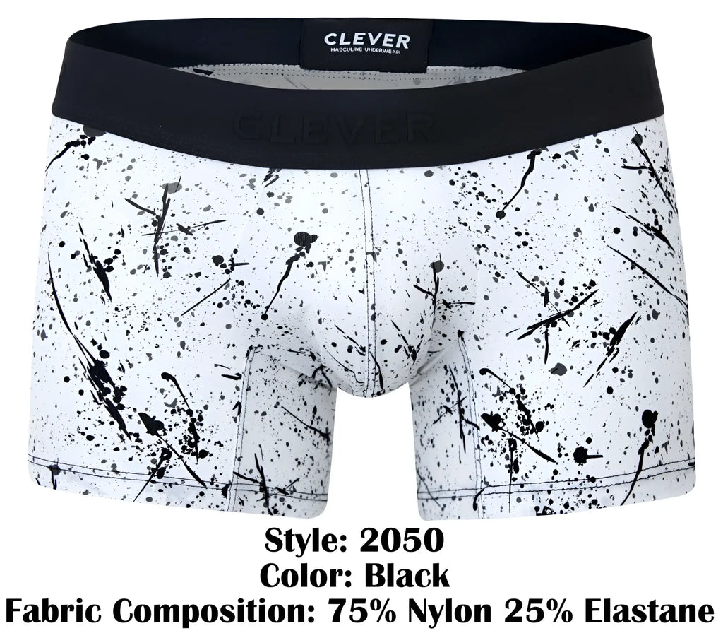 Black and white splatter-patterned Clever 2050 Brochazos trunks with black waistband for comfortable everyday wear