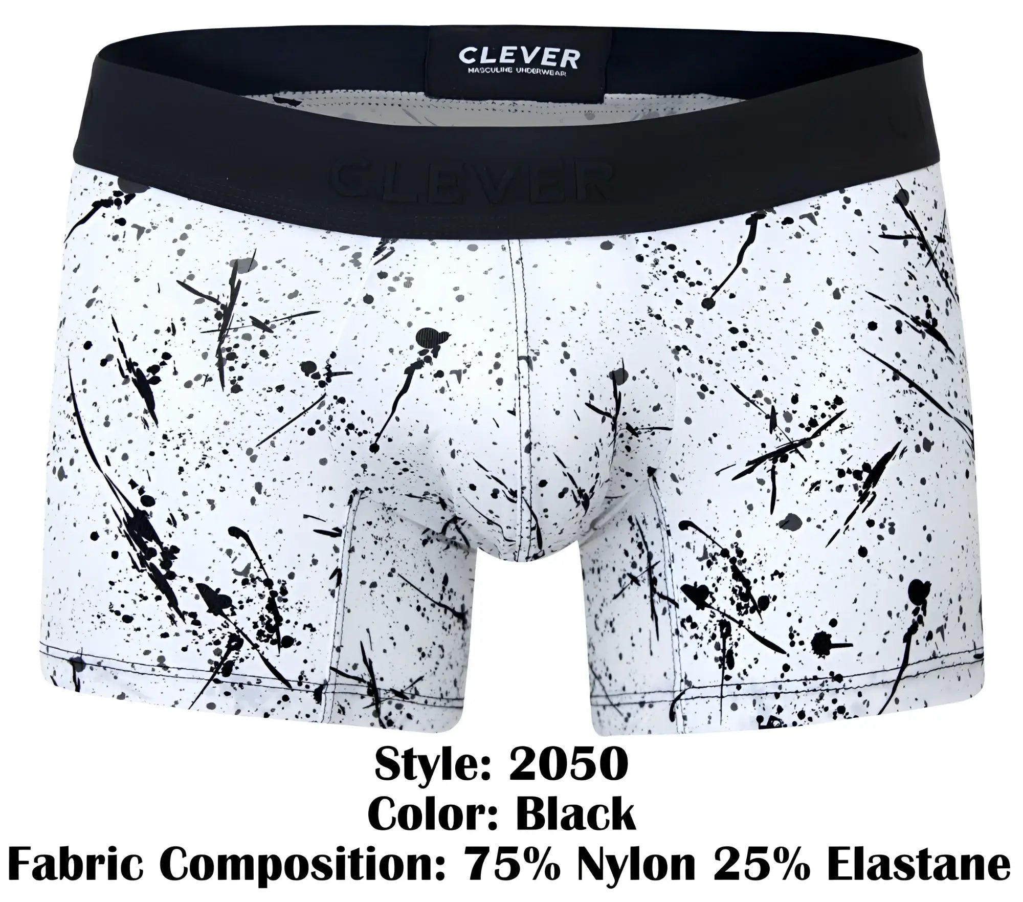 Black and white splatter-patterned Clever 2050 Brochazos trunks with black waistband for comfortable everyday wear