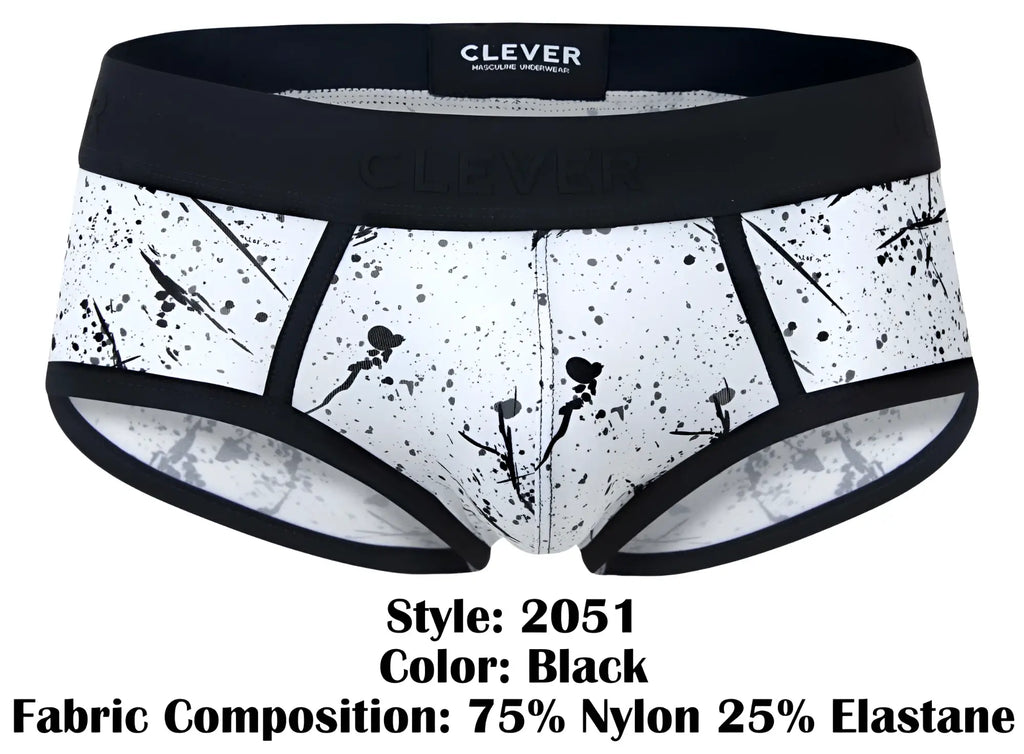 Black splatter-patterned clever 2051 brochazos briefs for men made of 75 nylon 25 elastane with black waistband
