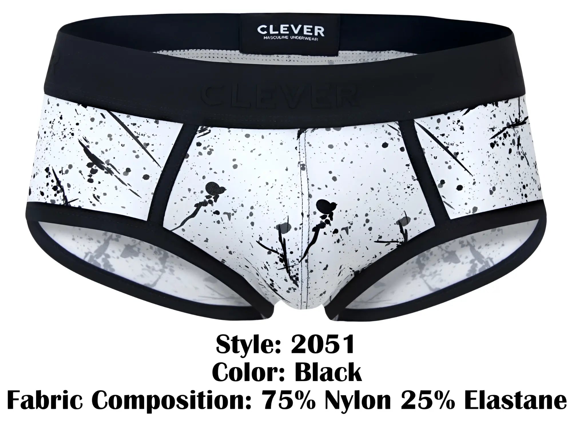 Black splatter-patterned clever 2051 brochazos briefs for men made of 75 nylon 25 elastane with black waistband