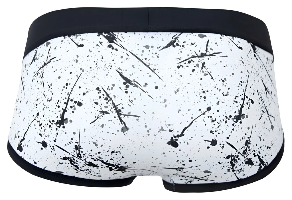Clever 2051 brochazos briefs in white with black paint splatter pattern and solid black waistband