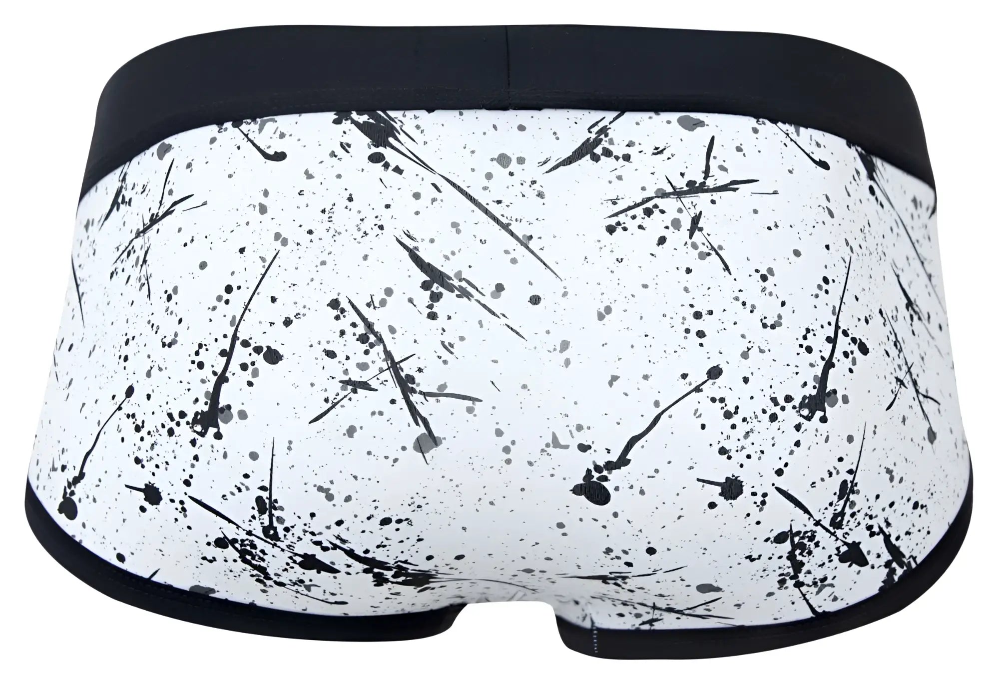 Clever 2051 brochazos briefs in white with black paint splatter pattern and solid black waistband