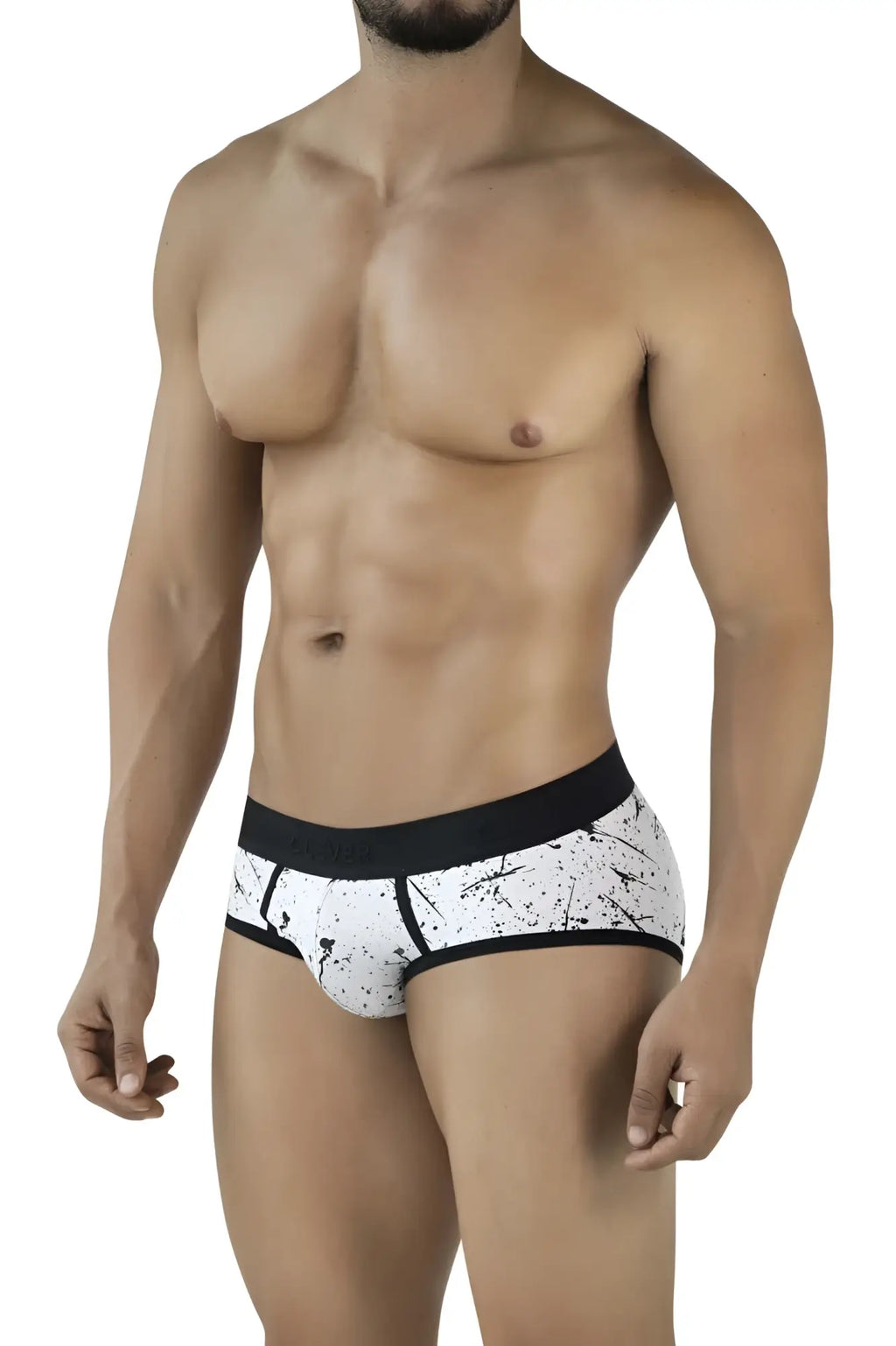 White briefs with black splatter pattern and solid black waistband from Clever 2051 Brochazos Briefs color black collection
