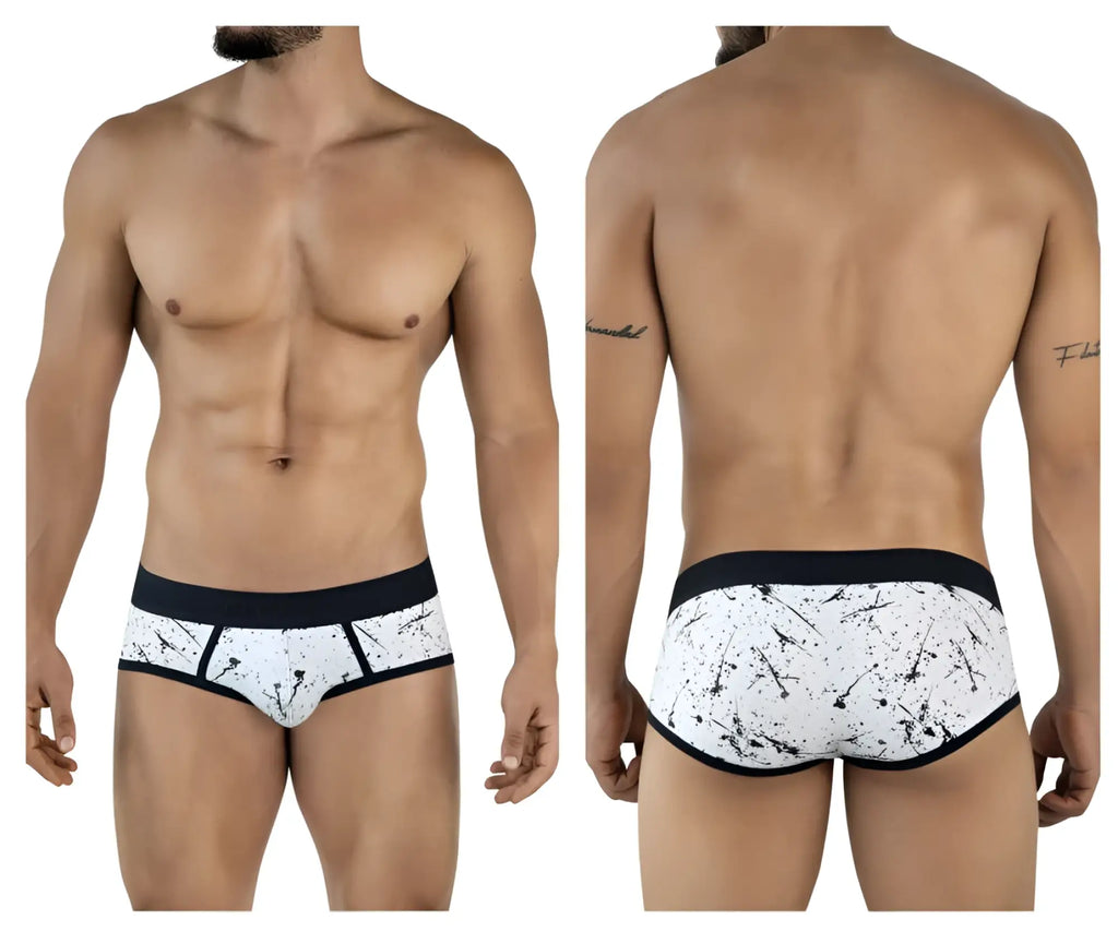 White briefs clever 2051 brochazos with black splatter pattern and solid black waistband for comfortable wear