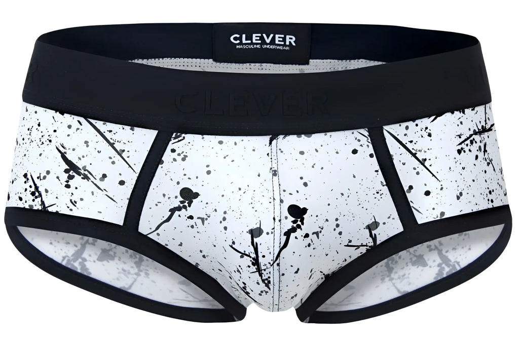 Black and white splatter patterned Clever 2051 Brochazos briefs with black elastic waistband for men