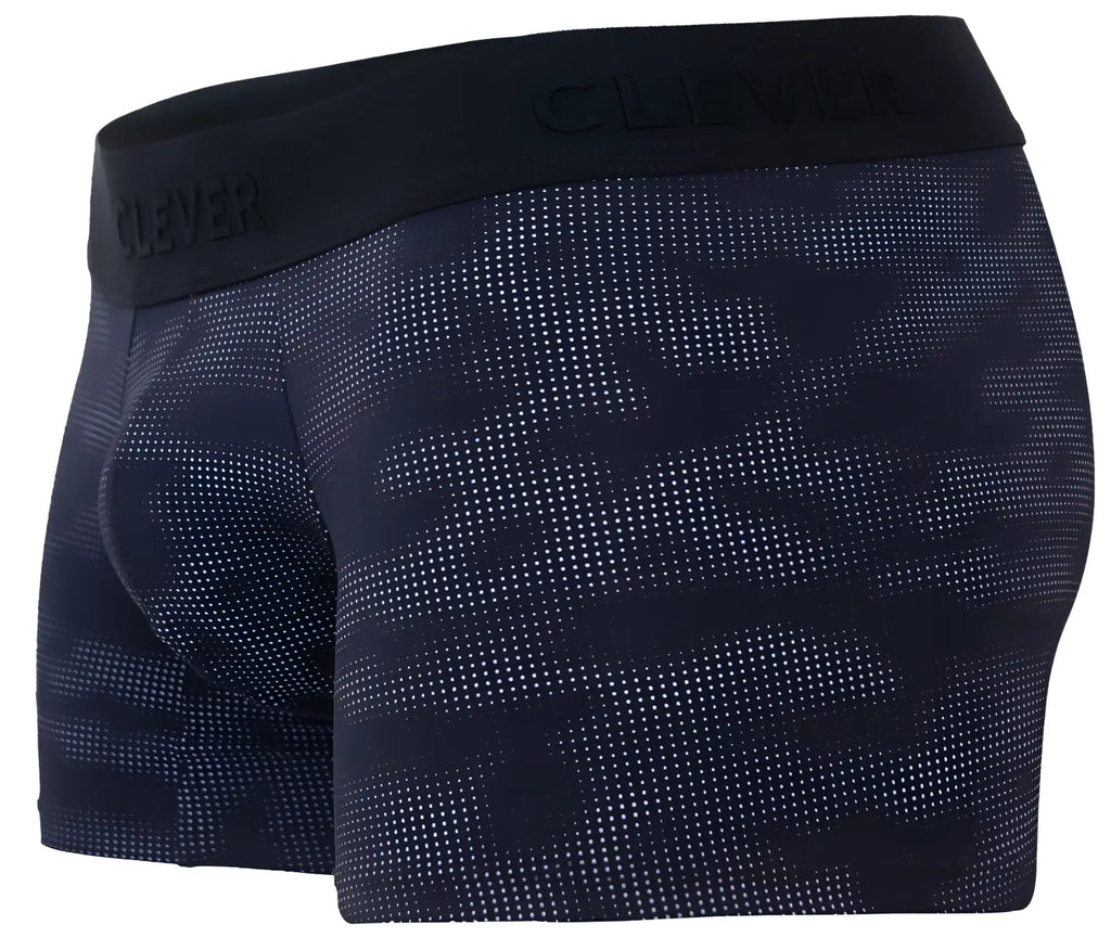Black clever 2052 militar trunks with subtle dot camouflage pattern and embossed waistband in front view