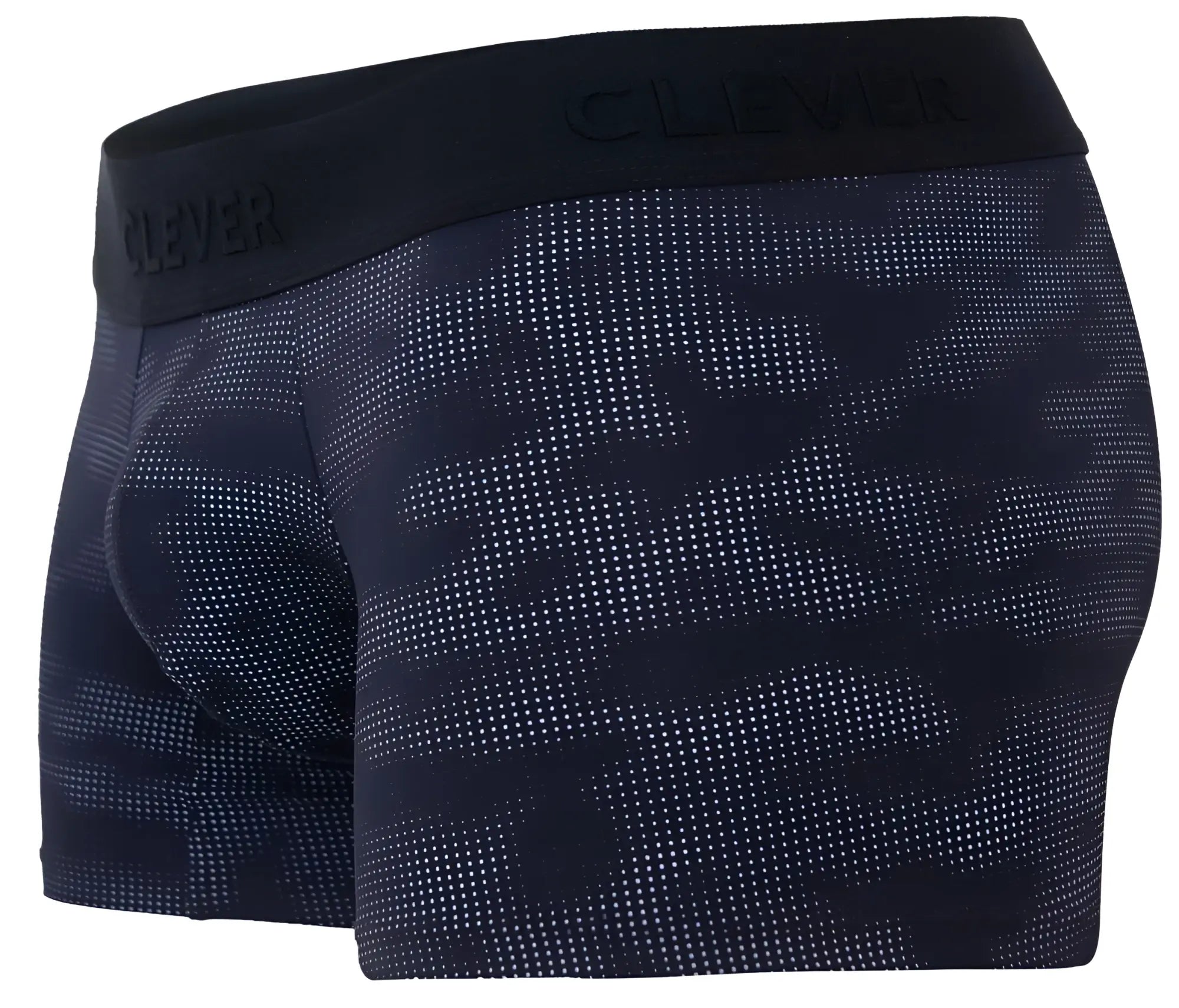 Black clever 2052 militar trunks with subtle dot camouflage pattern and embossed waistband in front view