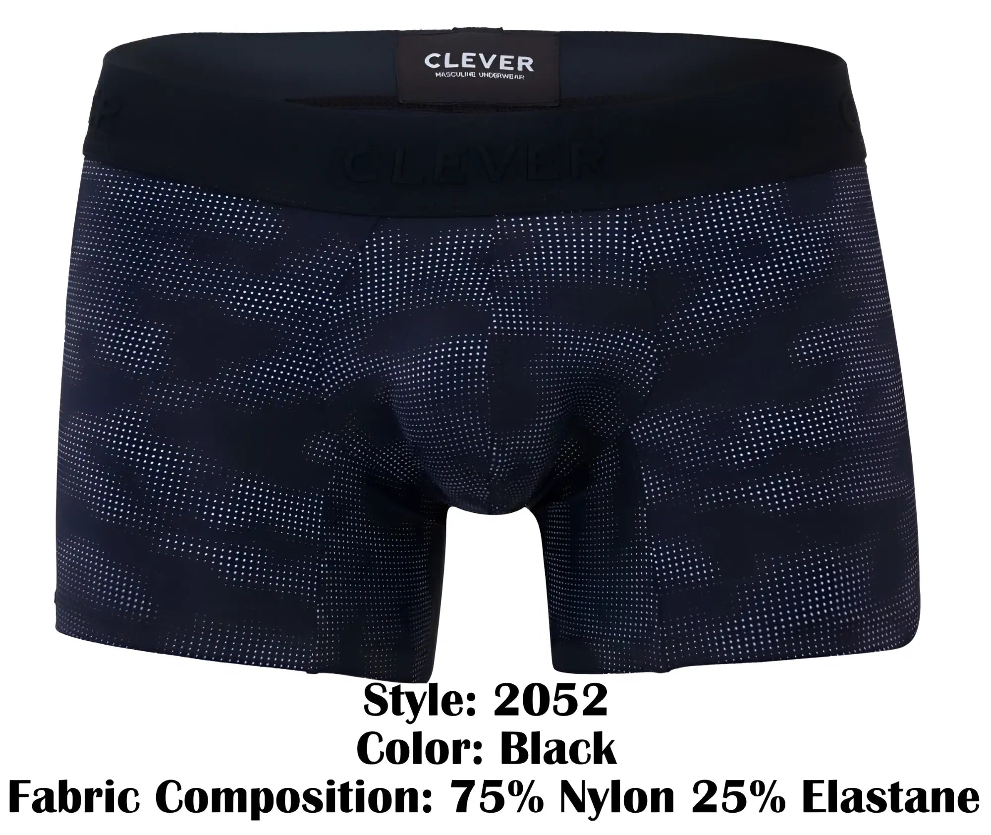 Black boxer briefs clever 2052 militar trunks with subtle dot-patterned camouflage and branded elastic waistband