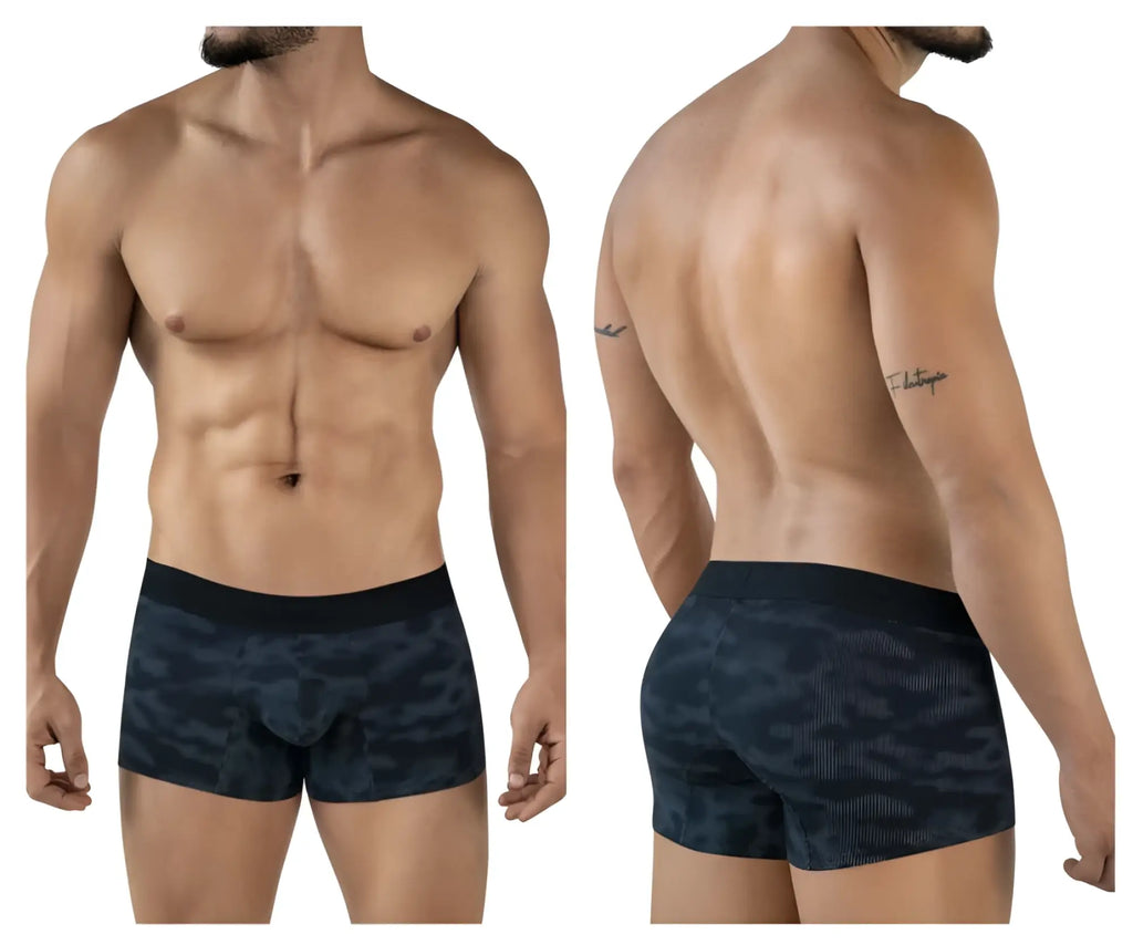 Black camouflage-patterned clever 2052 militar trunks for men with solid black waistband and comfortable fit