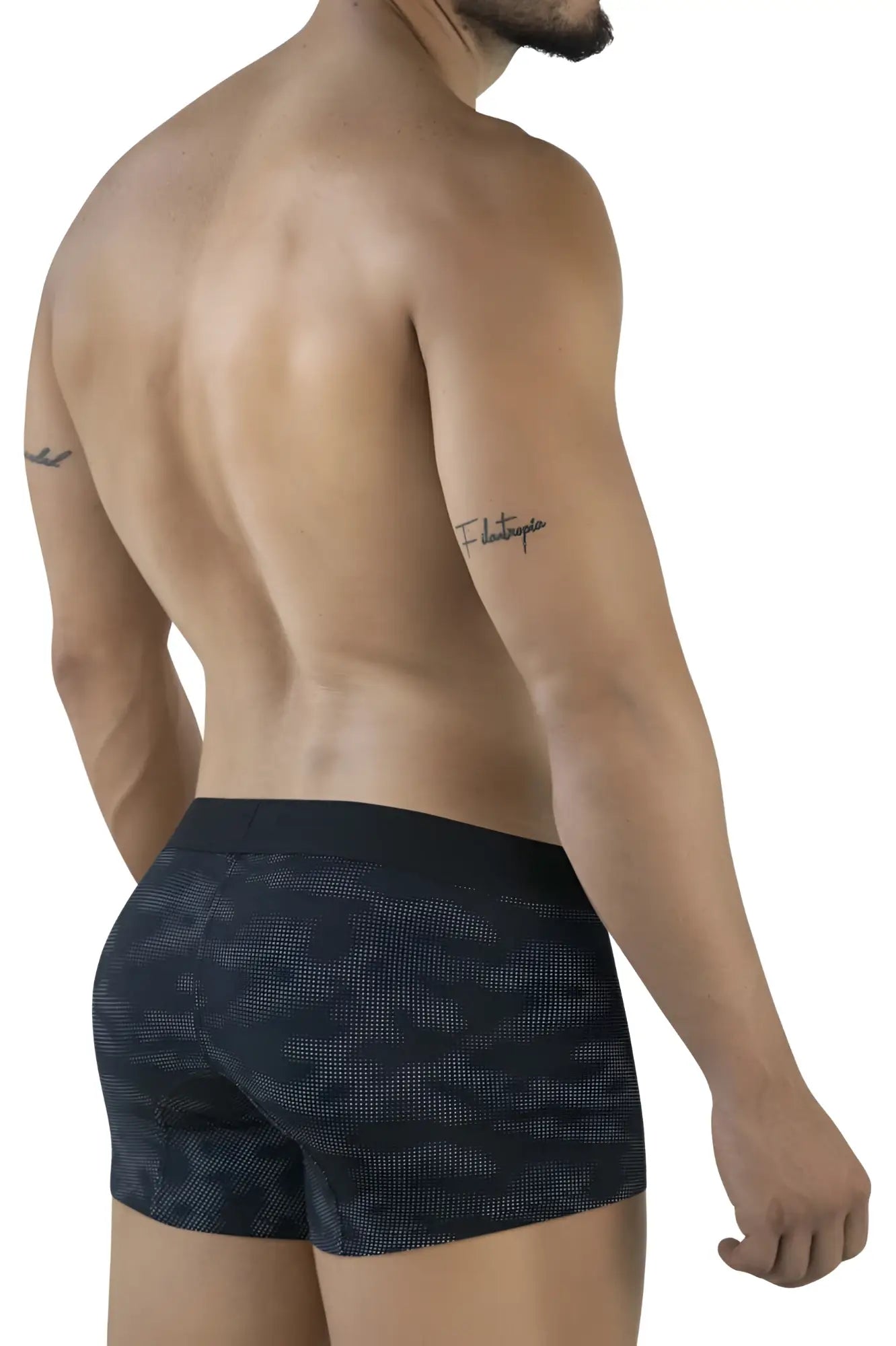 Clever 2052 Militar trunks black feature black and gray camouflage mens boxer briefs with a solid black waistband