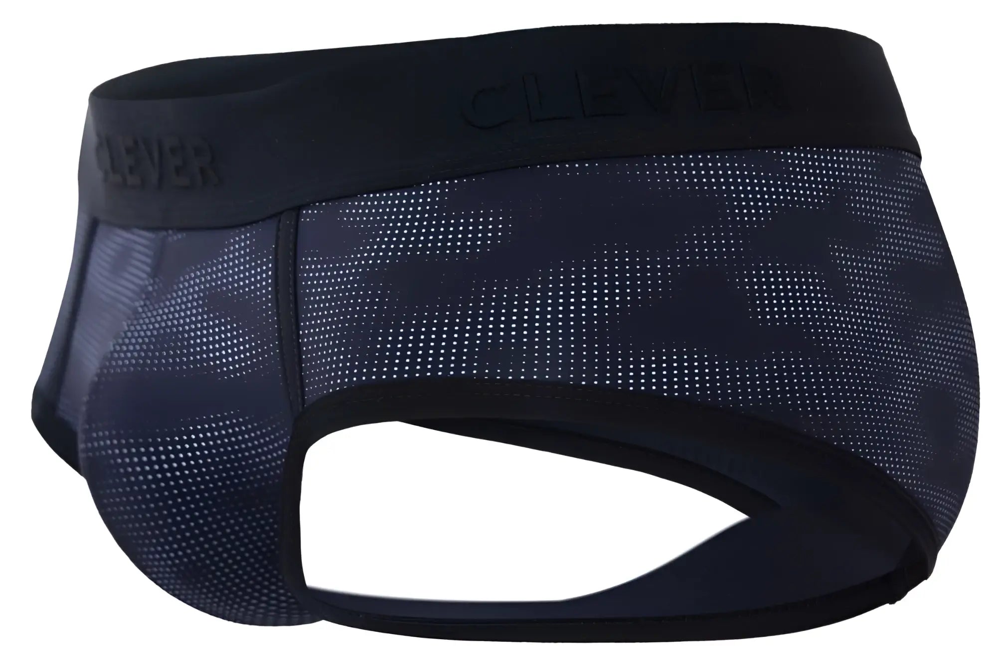 Black clever 2053 militar briefs with dark blue camouflage perforated mesh fabric and embossed waistband logo