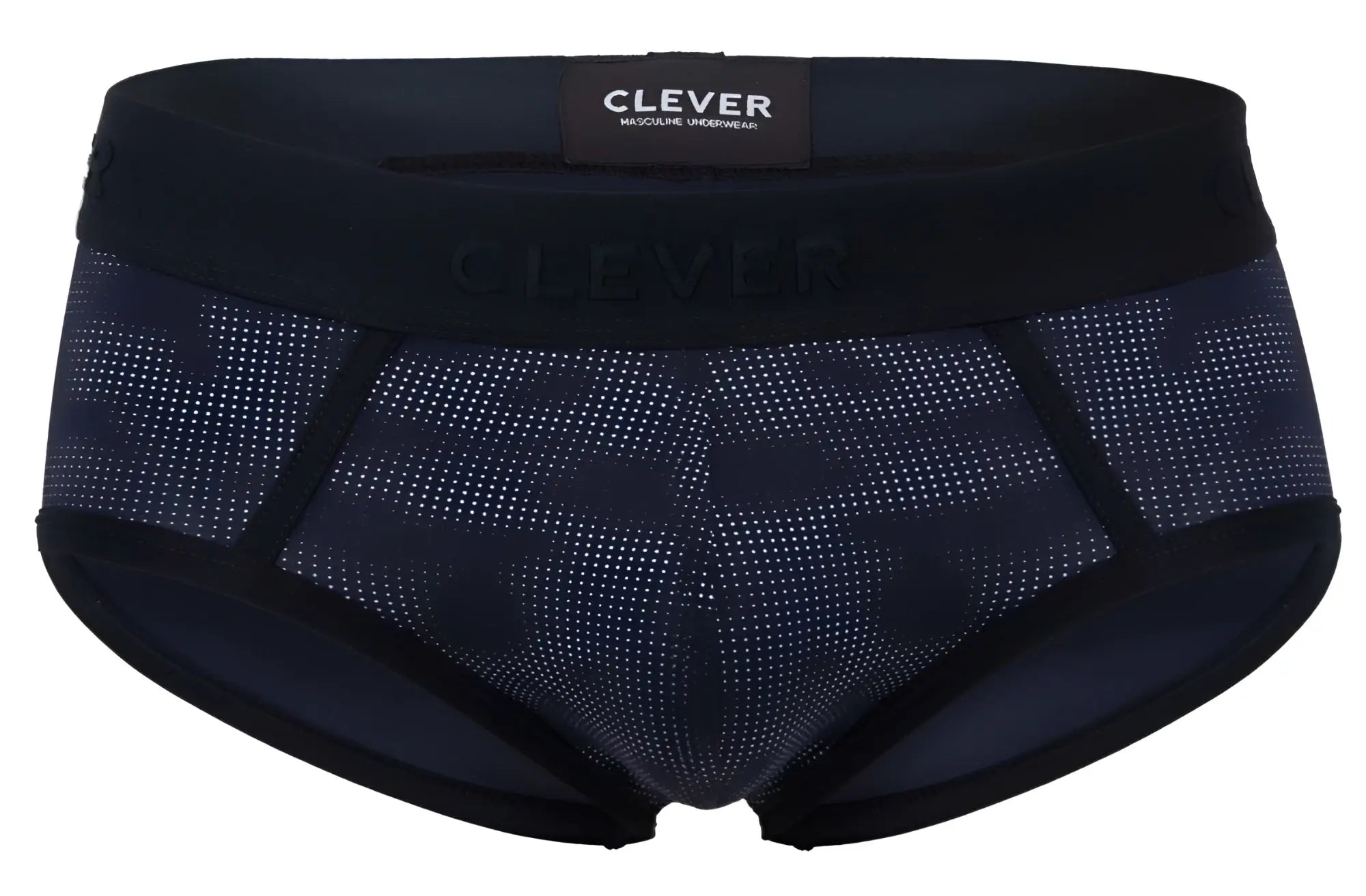 Black mens briefs with a subtle dotted pattern and clever embroidered waistband in black from the Clever 2053 Militar line