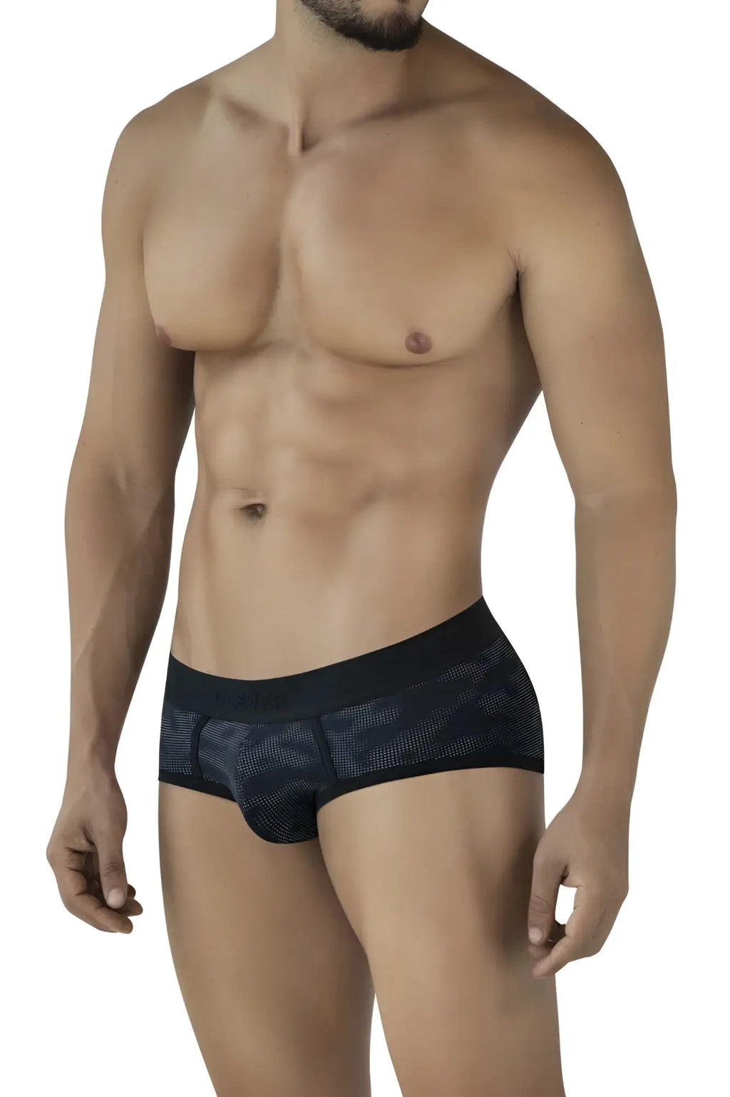 Black clever 2053 militar briefs made of mesh fabric with a subtle patterned design front view