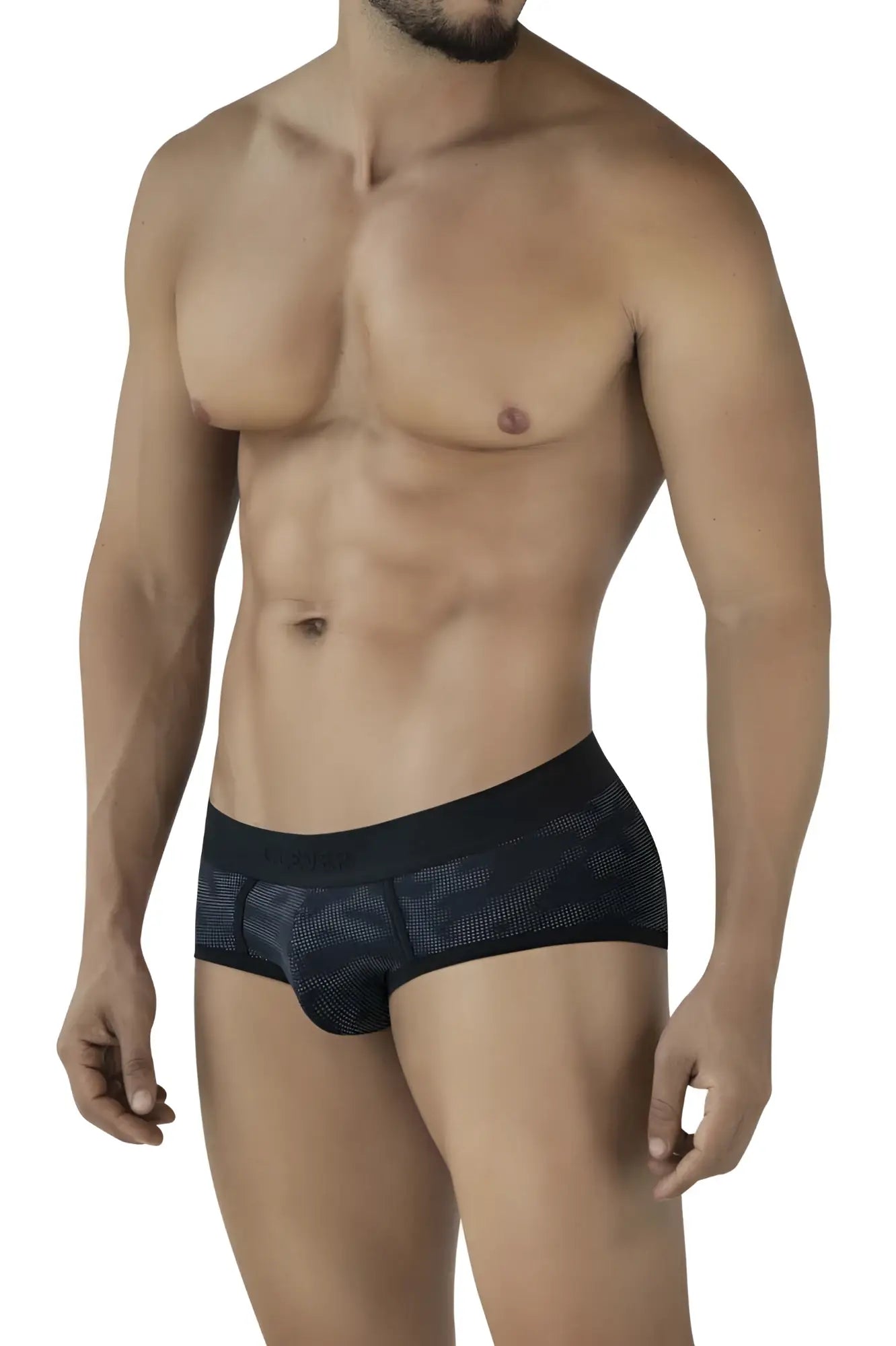 Black clever 2053 militar briefs made of mesh fabric with a subtle patterned design front view