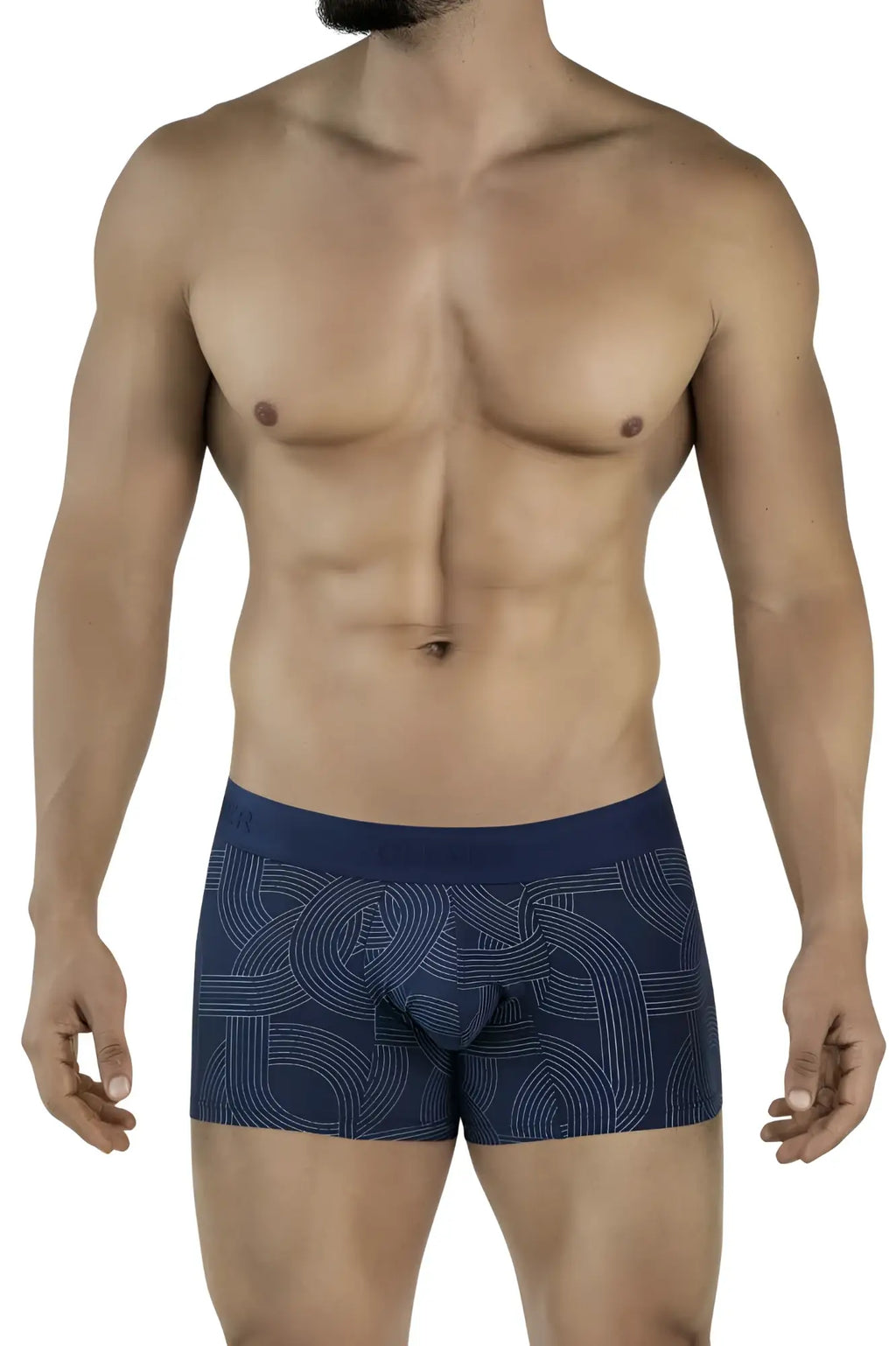 Clever 2054 navy trunks are dark blue boxer briefs with a subtle white geometric pattern for comfortable wear