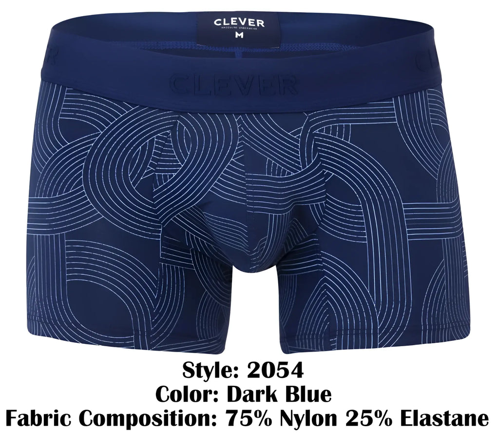 Dark blue men’s boxer briefs with subtle white geometric pattern and clever branded waistband for comfortable wear