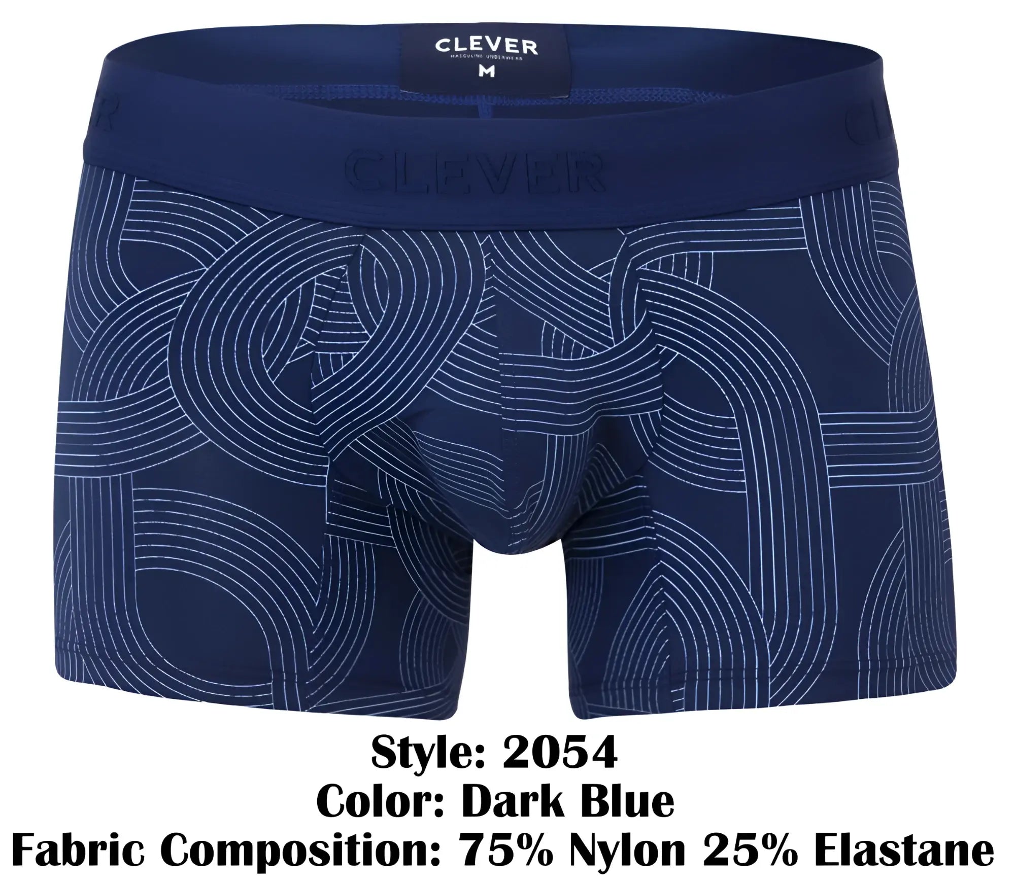 Dark blue men’s boxer briefs with subtle white geometric pattern and clever branded waistband for comfortable wear