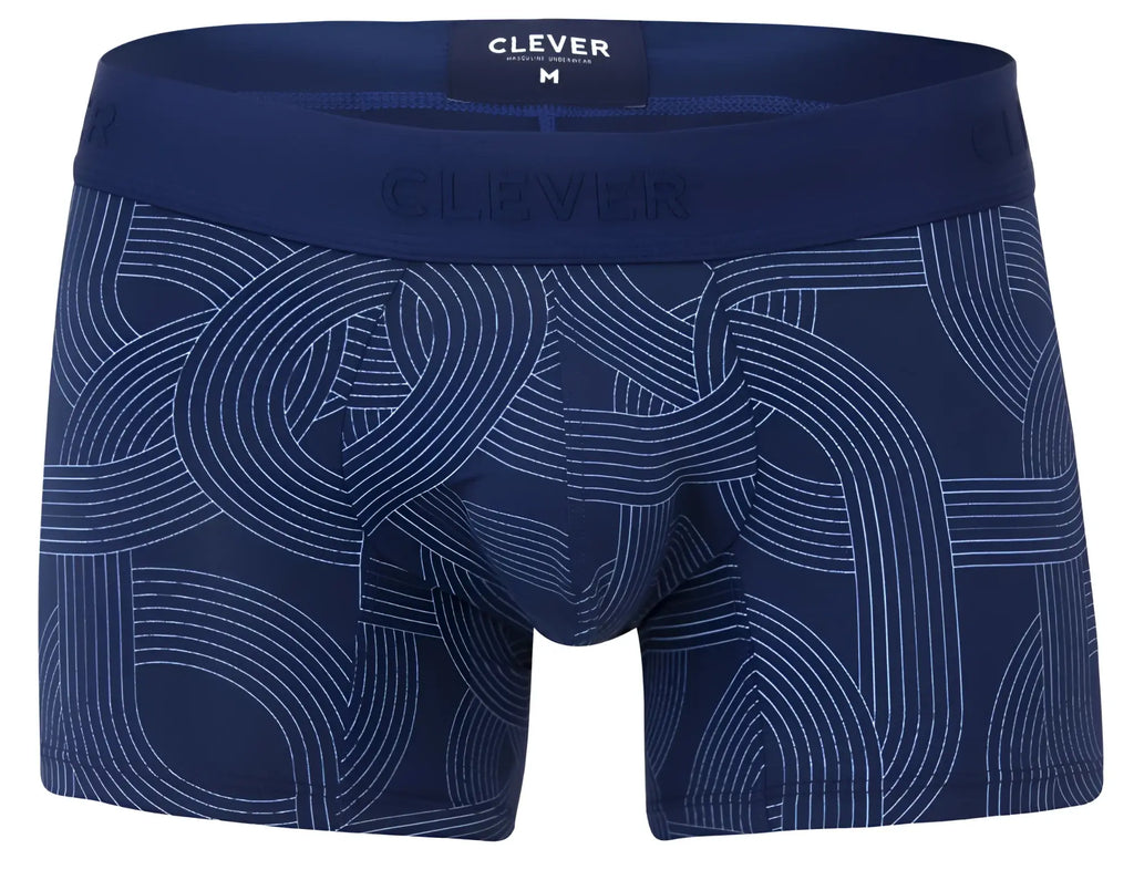 Navy blue clever 2054 men’s boxer briefs with white geometric lines and clever branding on the waistband