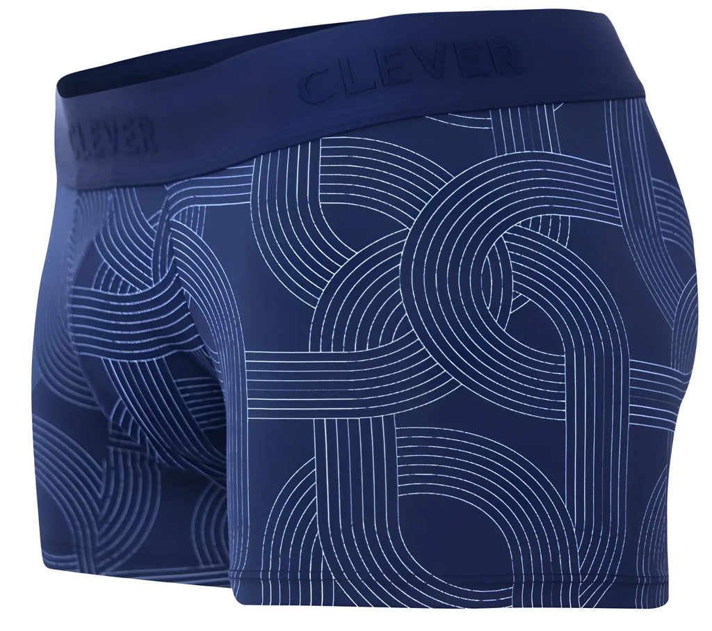 Navy blue clever 2054 men’s boxer briefs with white geometric lines and clever branded waistband in dark blue color