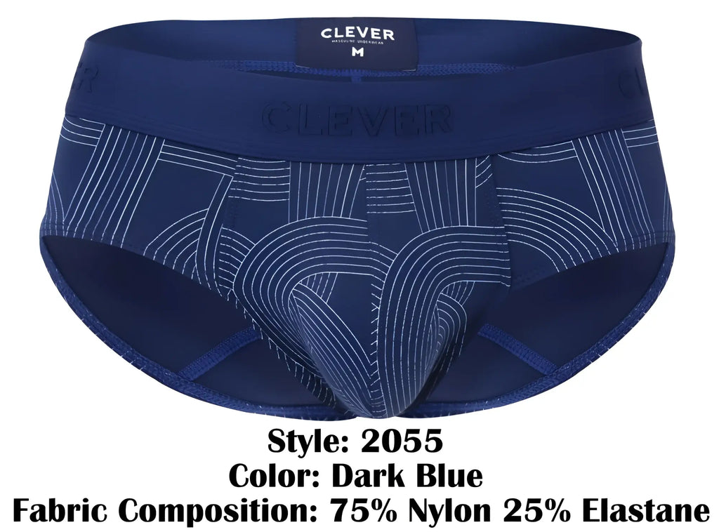 Dark blue clever 2055 men’s briefs with a subtle white geometric pattern and elastic waistband with brand label