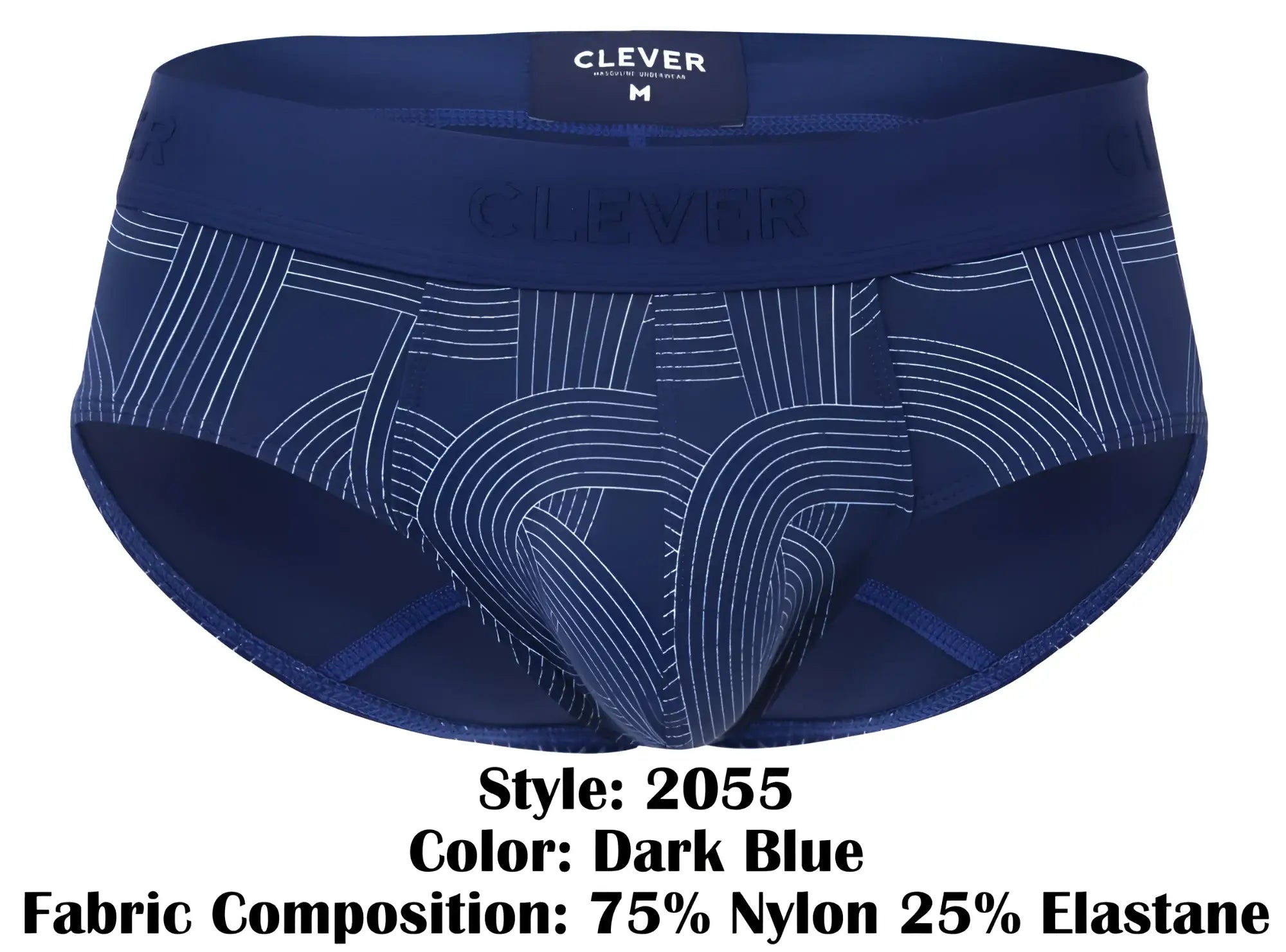 Dark blue clever 2055 men’s briefs with a subtle white geometric pattern and elastic waistband with brand label