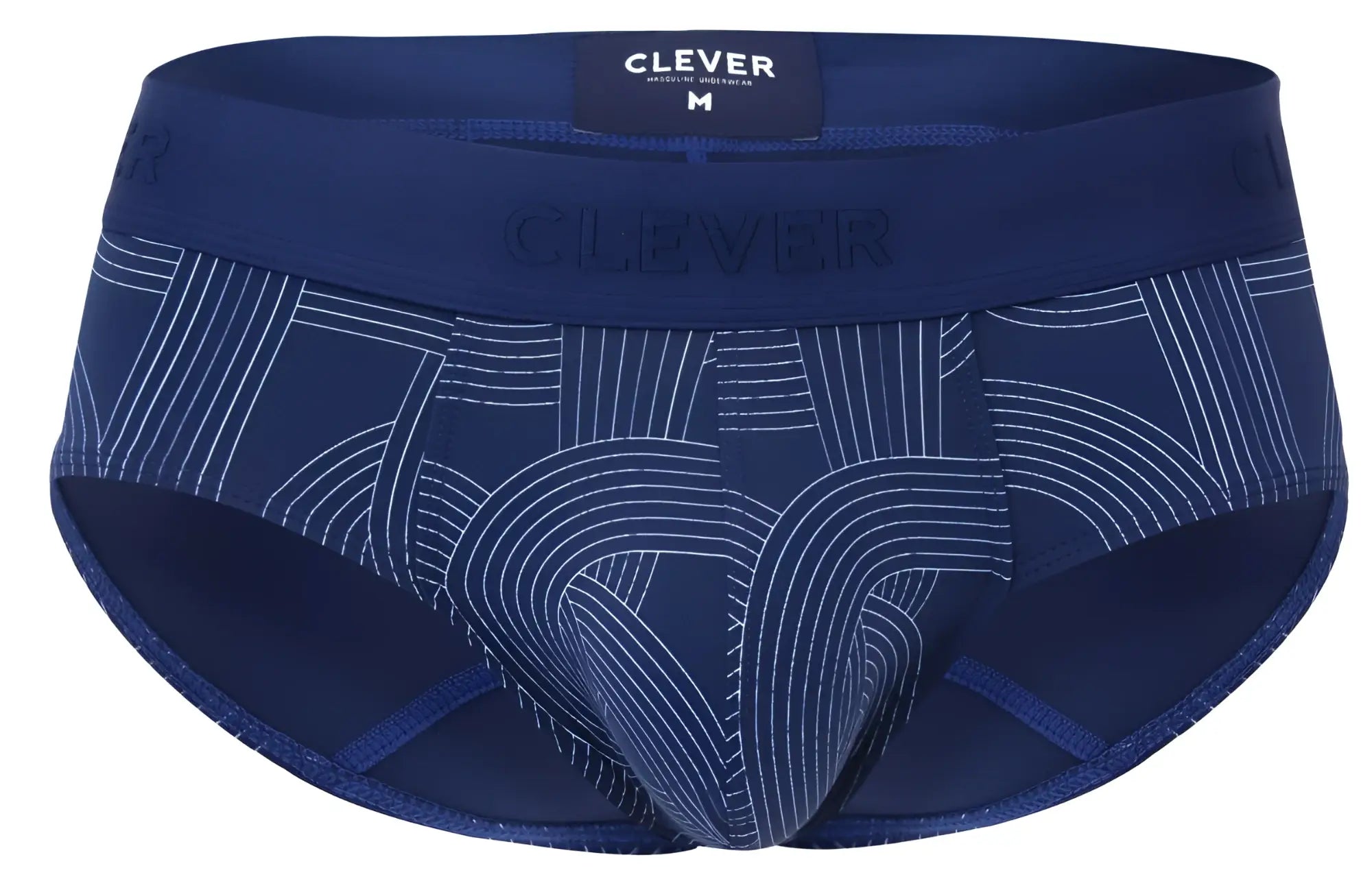 Navy blue men’s briefs with white geometric line pattern and clever branding on the waistband in dark blue color
