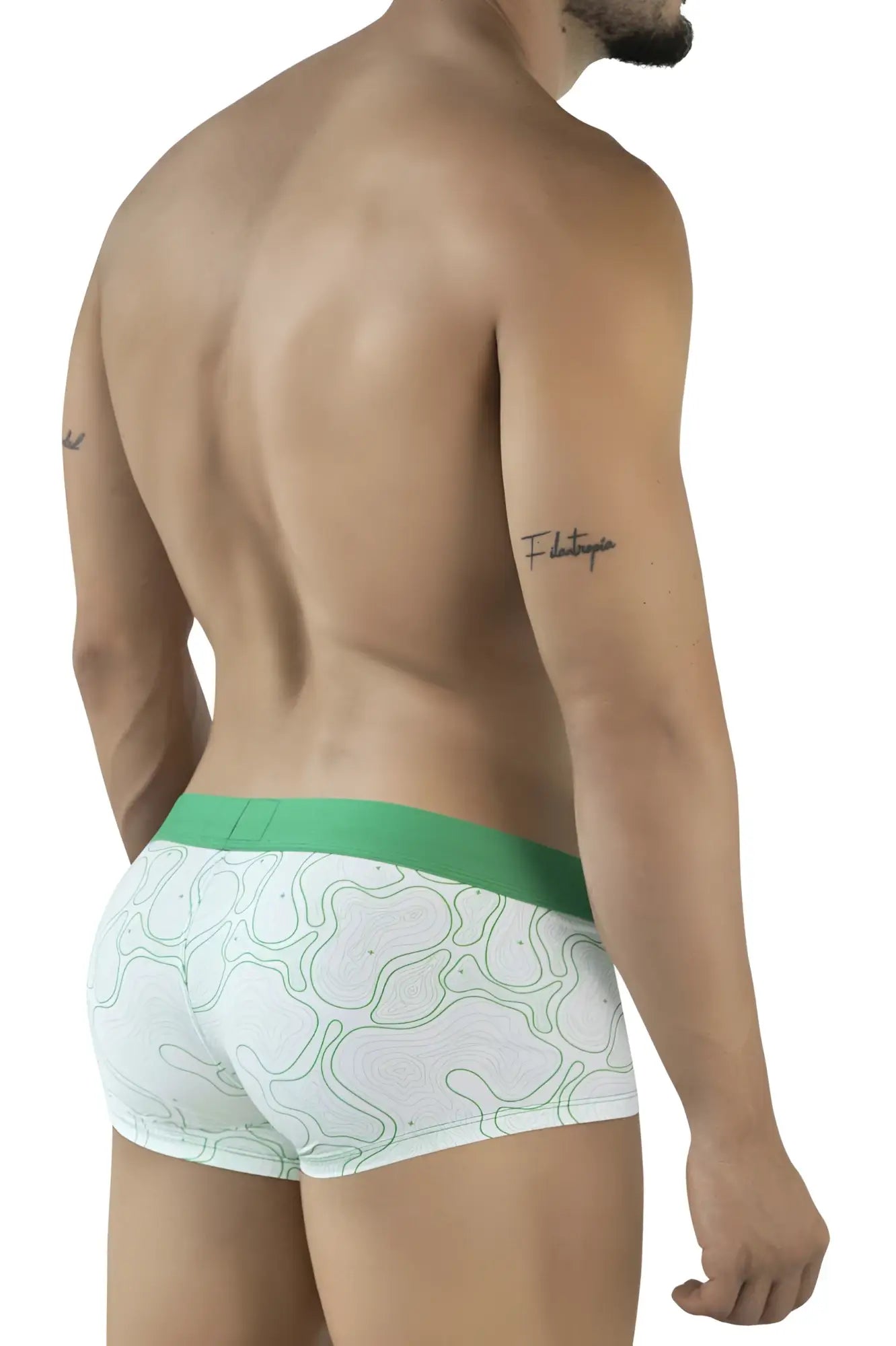 Clever 2056 maze trunks in green feature white briefs with a green abstract pattern and a solid green waistband