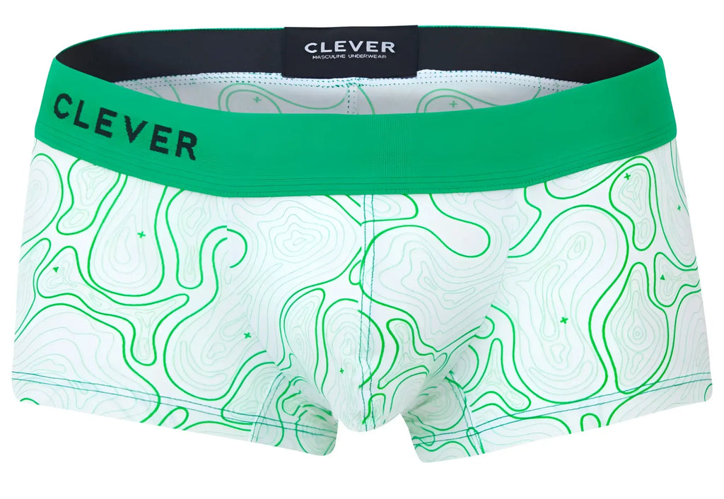 White boxer briefs with green topographic map pattern and bright green waistband from clever 2056 maze trunks color green