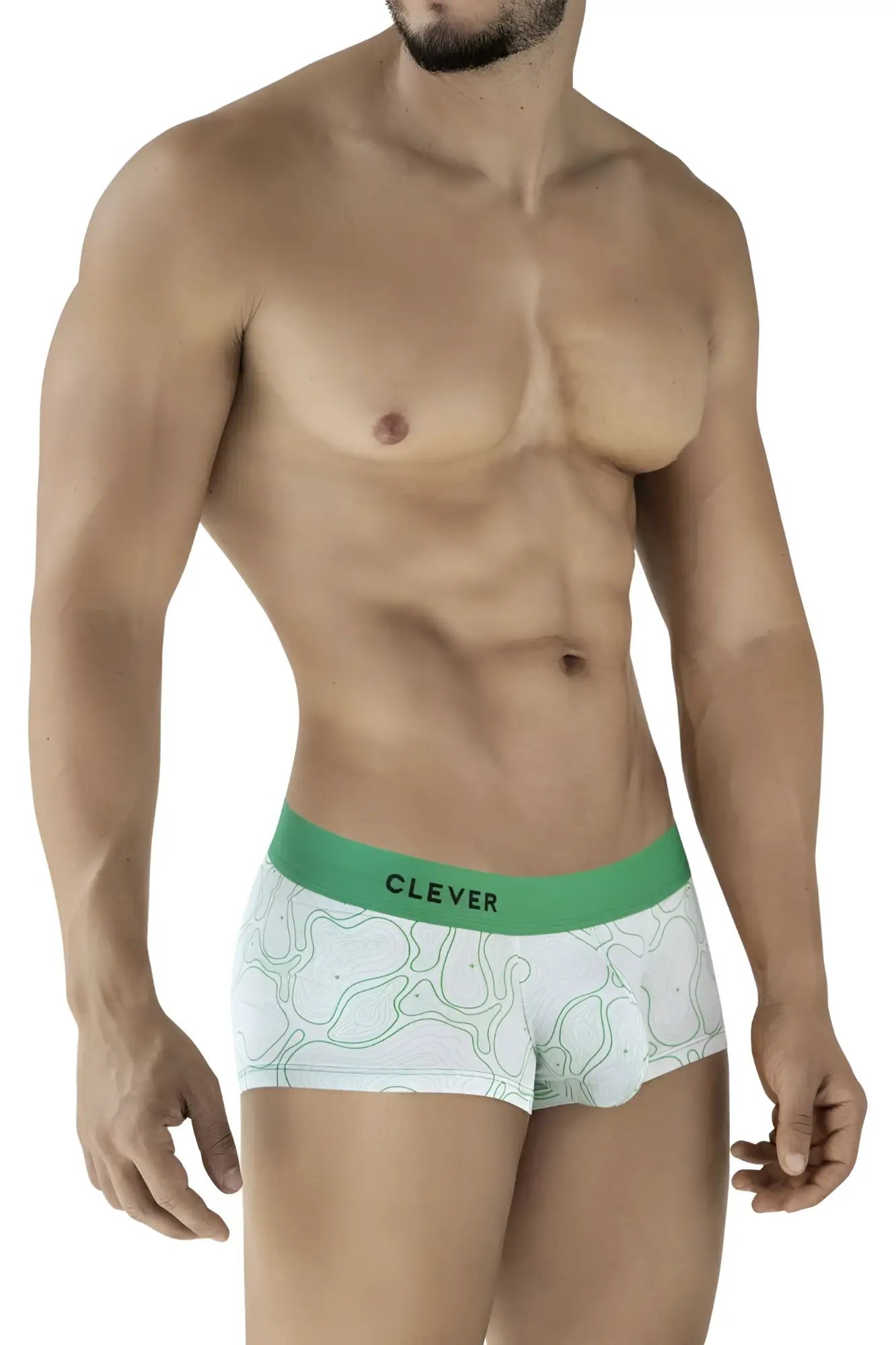 White boxer briefs with a green clever waistband and abstract line pattern from clever 2056 maze trunks color green