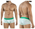 White boxer briefs with green waistband and light green maze pattern featuring clever brand name on front