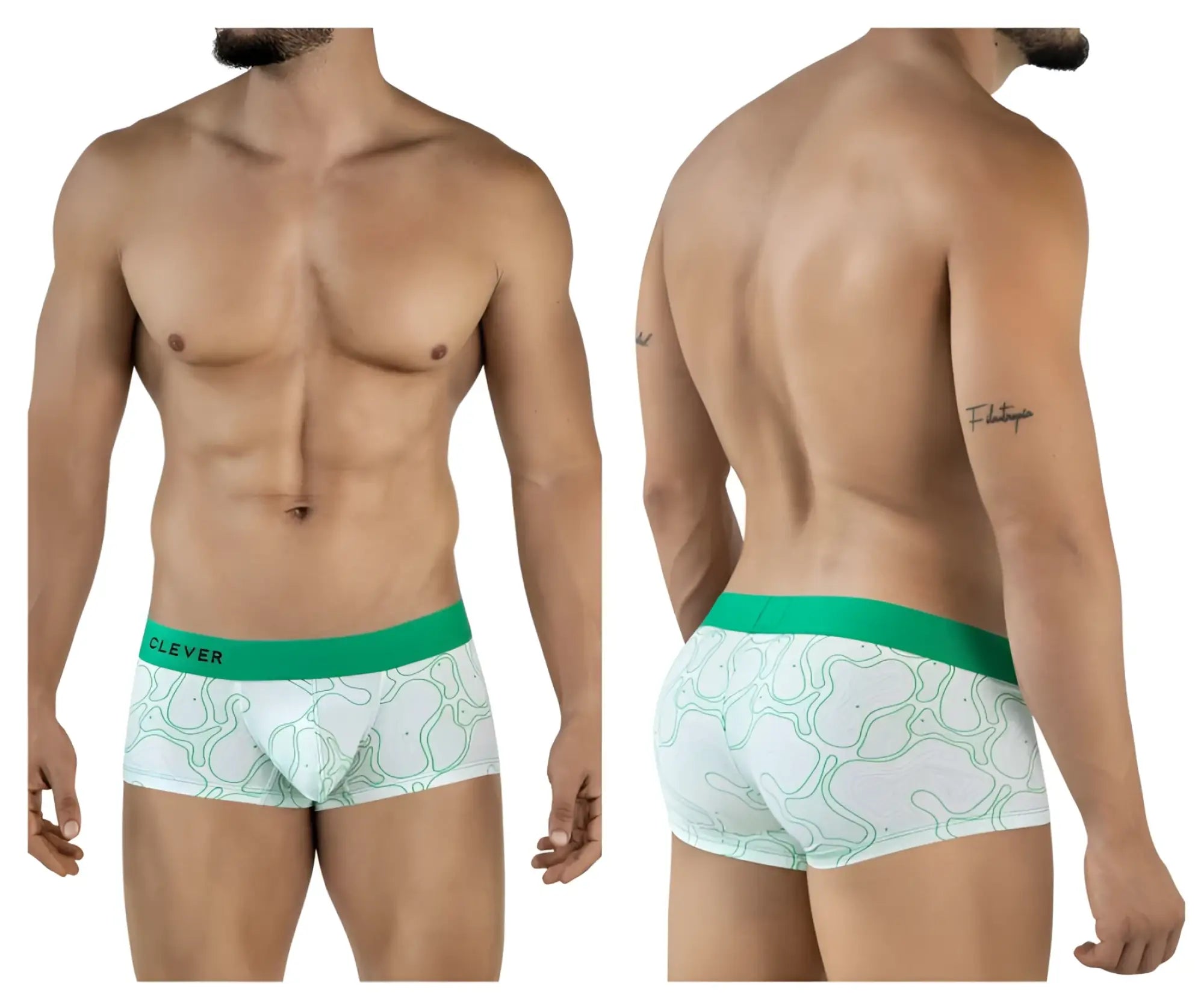 White boxer briefs with green waistband and light green maze pattern featuring clever brand name on front