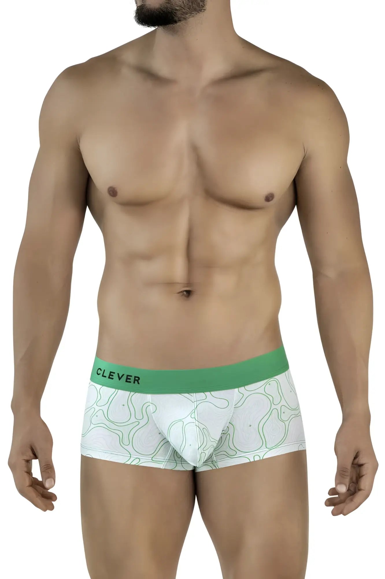 White boxer briefs with green waistband and light green abstract lines featuring clever brand name on band