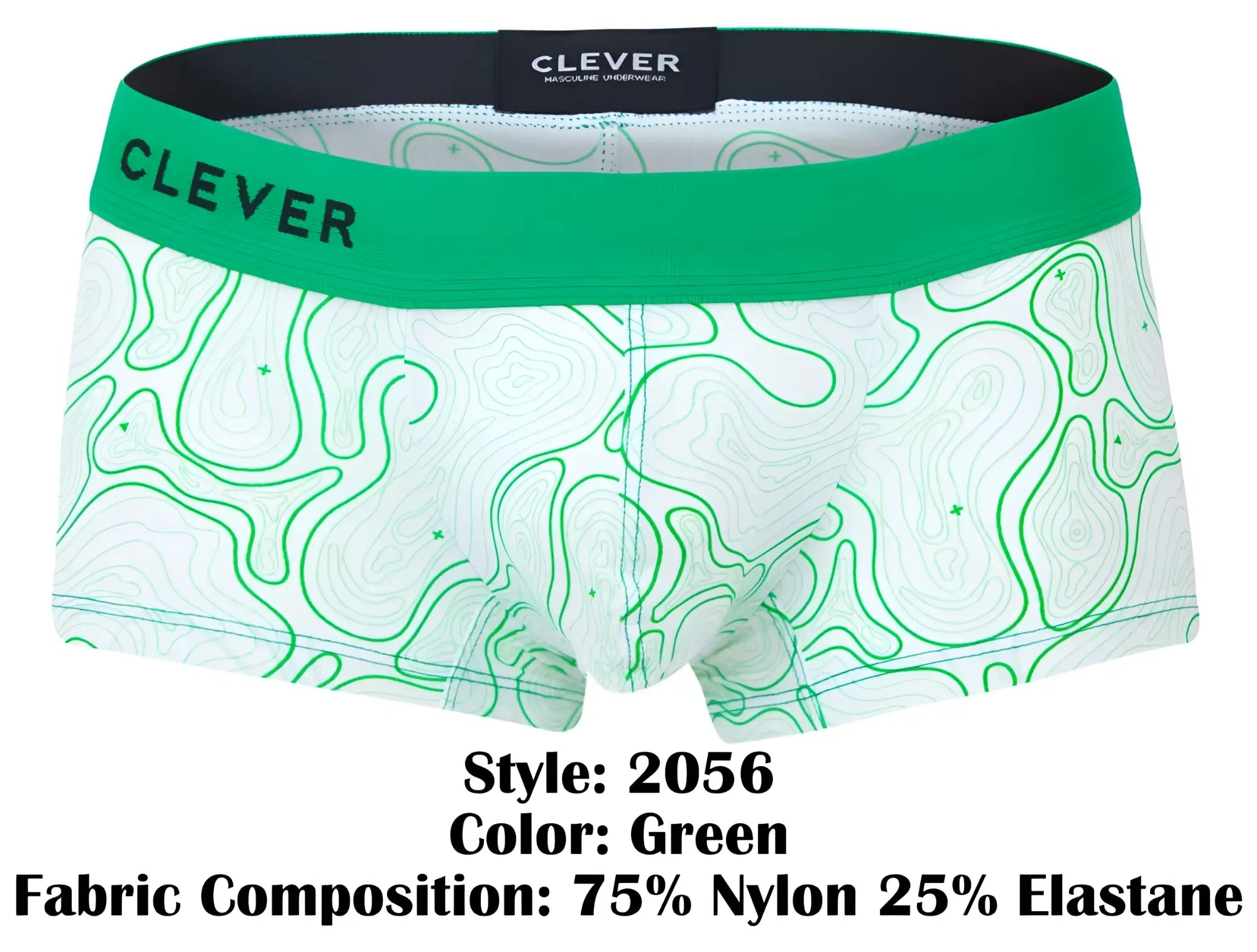 Green and white patterned clever 2056 maze trunks boxer briefs with bold green waistband featuring clever brand name